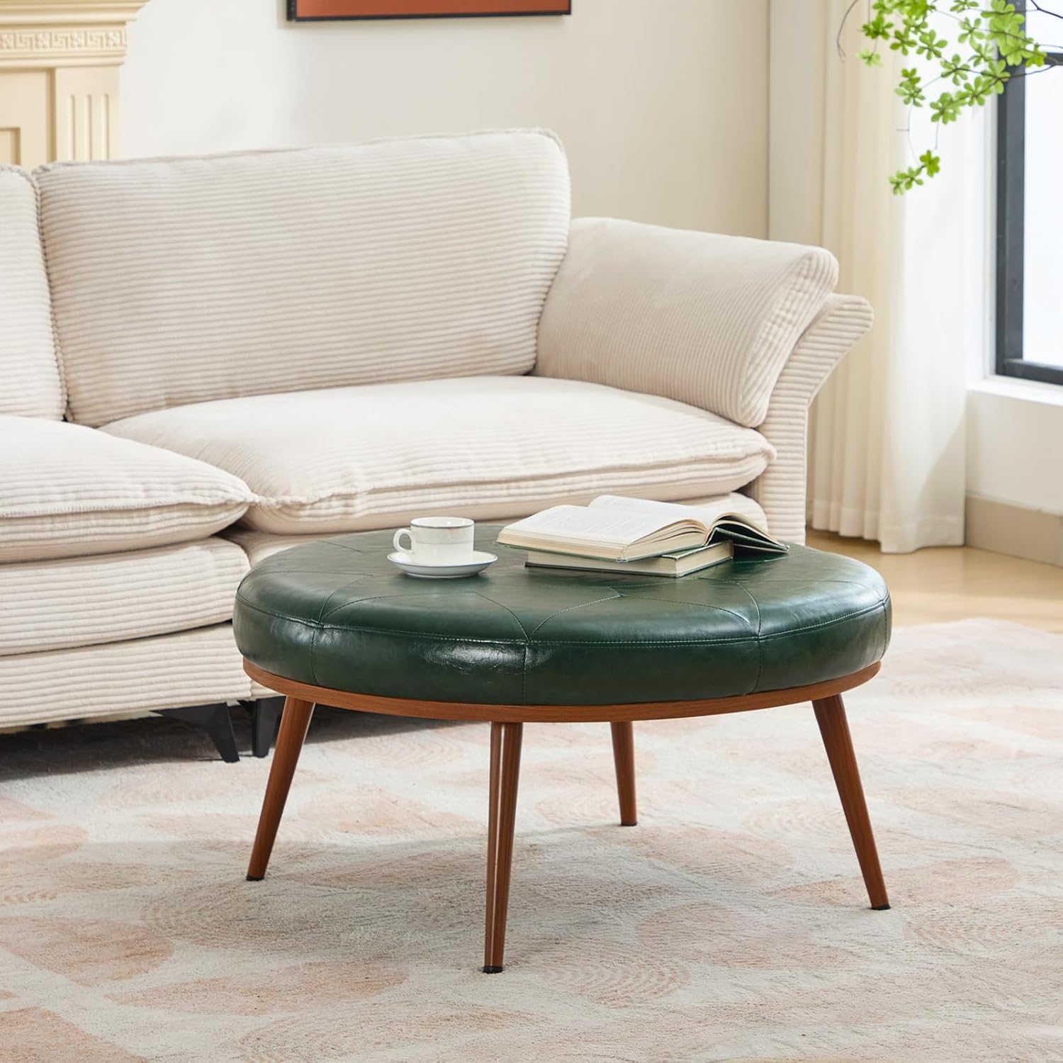 Round Ottoman, Large Faux Leather Footstool and Coffee Table, Cushioned Backless Chair for Living Room & Bedroom, Padded Seat Footrest, (Green)