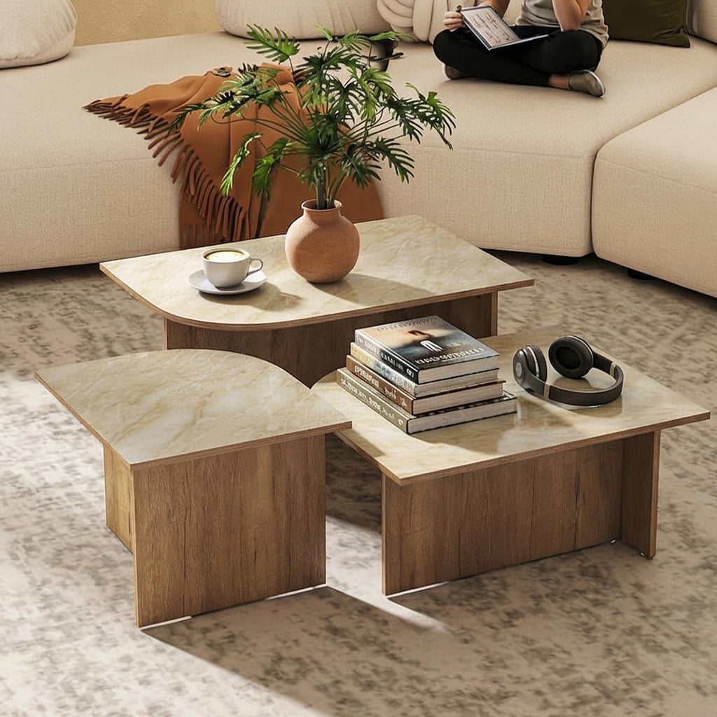 Mid Century Modern Coffee Table Set of 3, Nesting Coffee Tables with Marble Pattern Tabletop and Solid Wood Legs,Wood Side Tables for Living Room, Natural