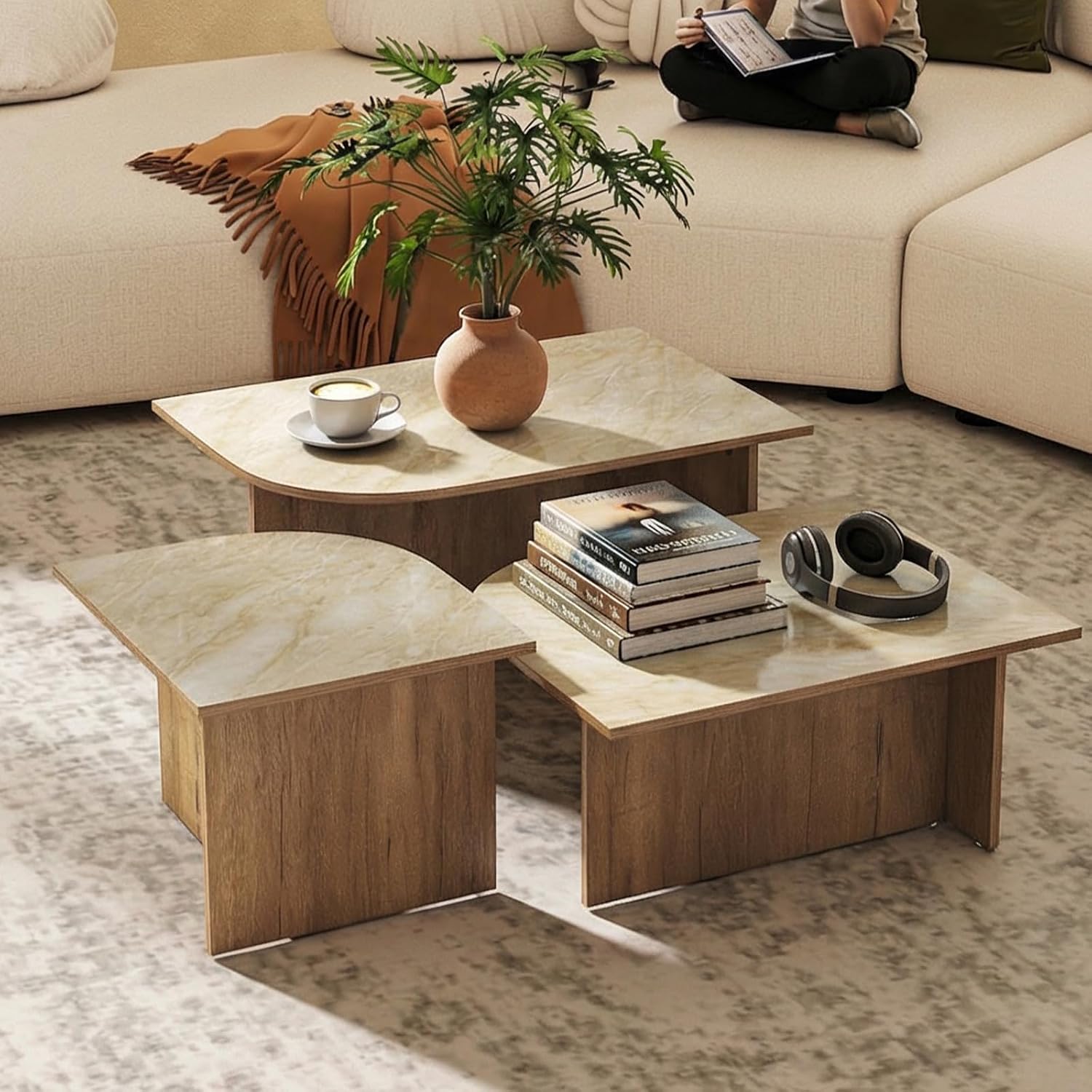 Mid Century Modern Coffee Table Set of 3, Nesting Coffee Tables with Marble Pattern Tabletop and Solid Wood Legs,Wood Side Tables for Living Room, Natural