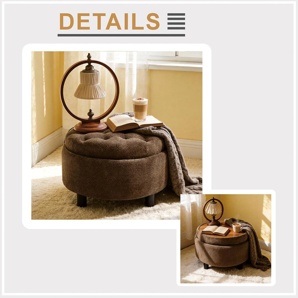 Round Storage Ottoman with Reversible Tray Lid, 25' Upholstered Button Tufted Coffee Table with Storage Foot Rest Stool for Living Room, Bedroom, Entryway, Coffee