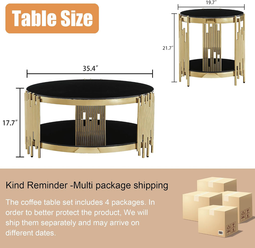 Round Glass Coffee Table Set of 3, Gold Living Room Table Set with Coffee Table and 2 End Table, 2-Tier Glass Table with Stainless Steel Legs and Black Tempered Glass for Living Room