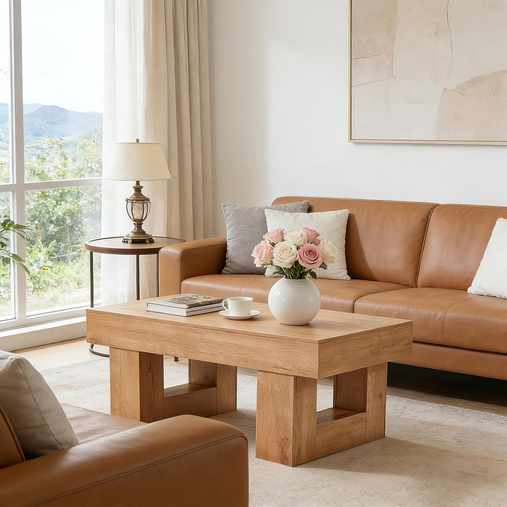 EROMMY 39' Minimalist Farmhouse Coffee Table for Living Room, Wooden Rectangular Accent Center Tables with Thick Tabletop, Rustic Modern Low Cocktail Tea Furniture with Thick U-Shaped Base (Natural)