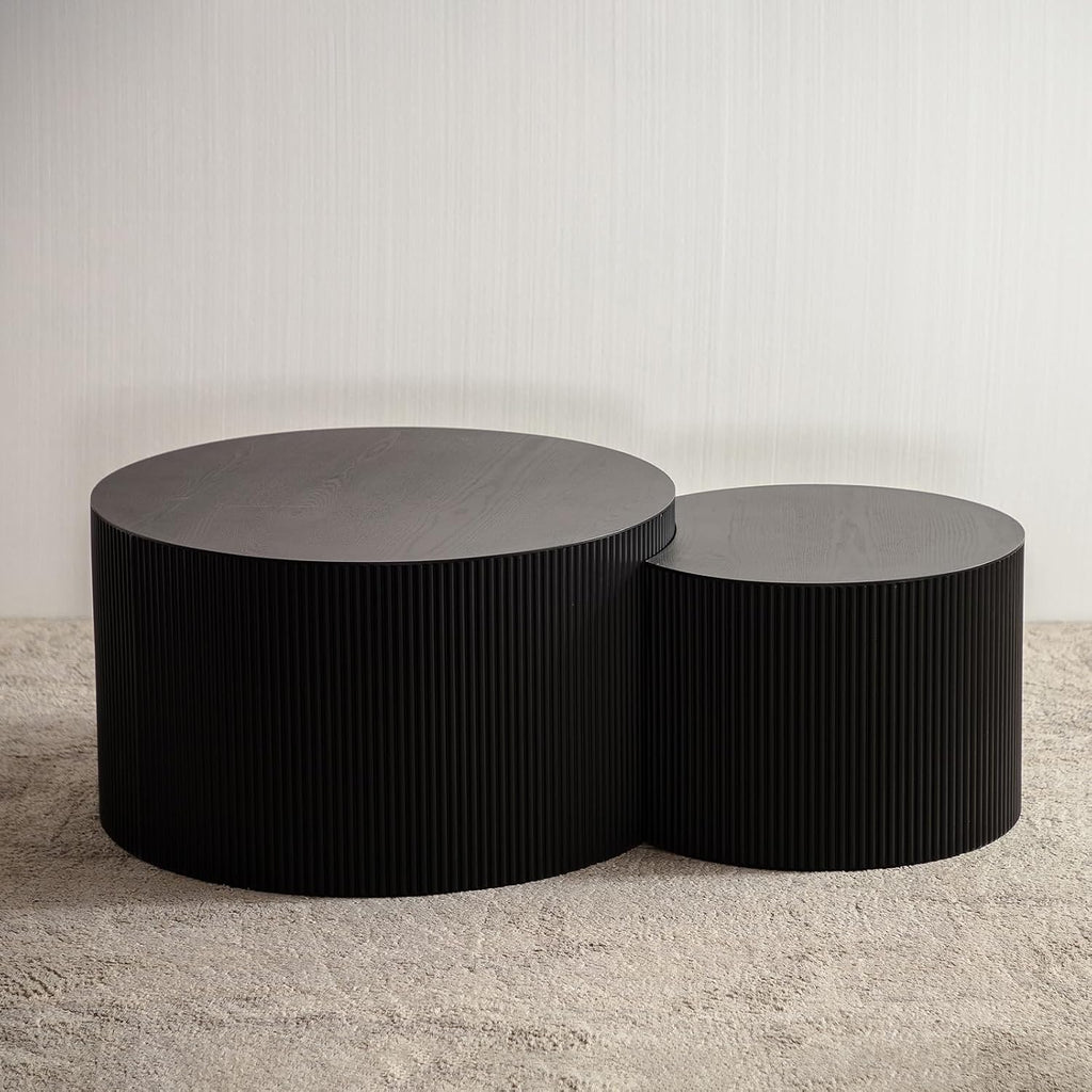 Round Nesting Coffee Table Modern Black Fluted Coffee Table Set of 2 for Living Room Circle Drum Coffee Tables Round Nesting Tables Crescent Side Accent End Table for Small Space (Black A 27in)