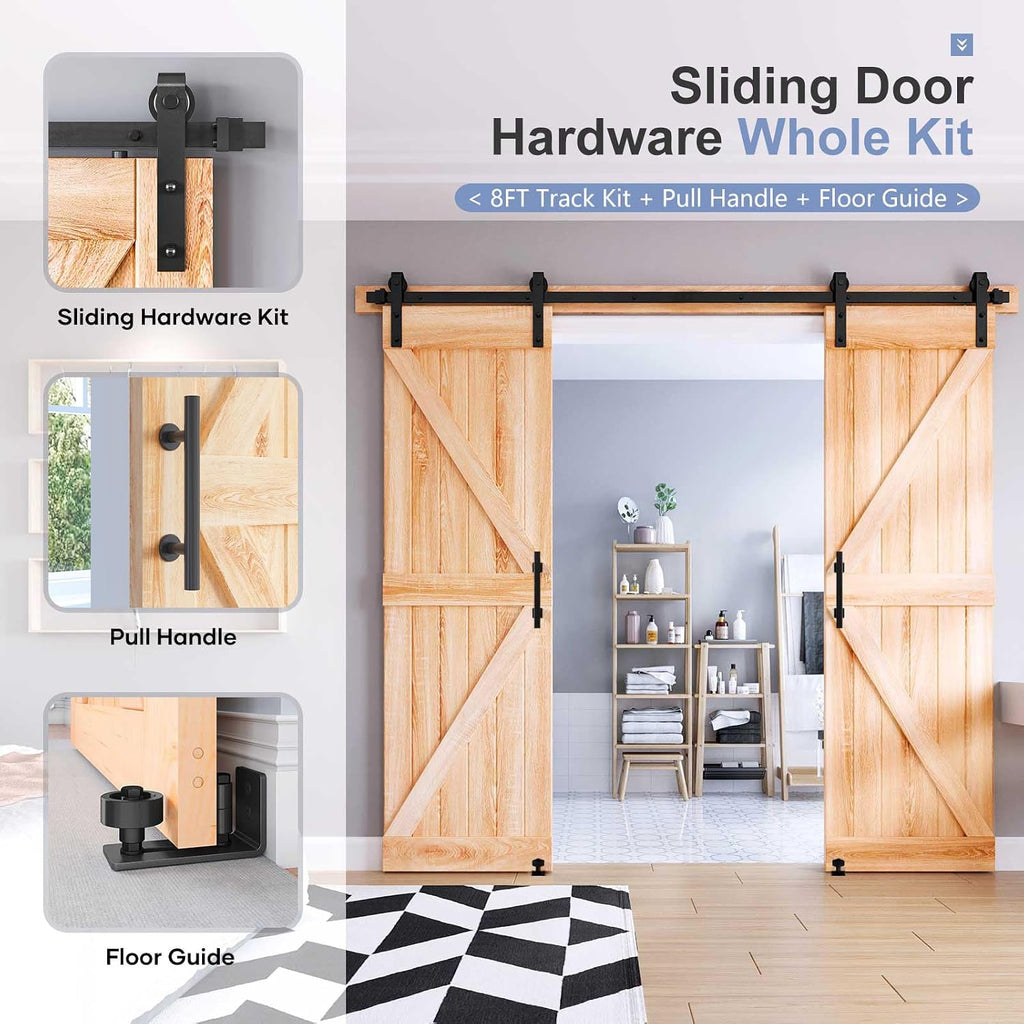 EaseLife 8 FT Double Sliding Barn Door Track and Handle Hardware Kit,Basic J Pulley,Slide Smoothly Quietly,Easy Install (8FT Track Kit for 20'~24' Wide Double Door)
