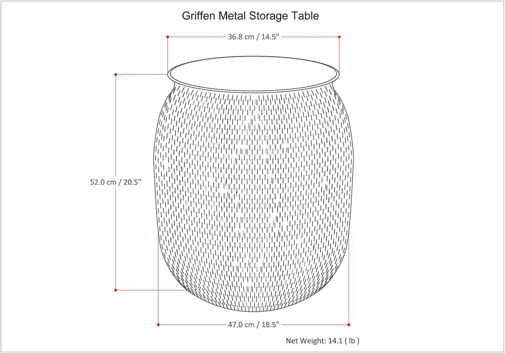 SIMPLIHOME Griffen Metal Storage Accent Table - 19 inch Wide Solid Metal Round Drum Side Table in Antique Gold, Contemporary End Table for Living Room with Hidden Storage Space, Assembled