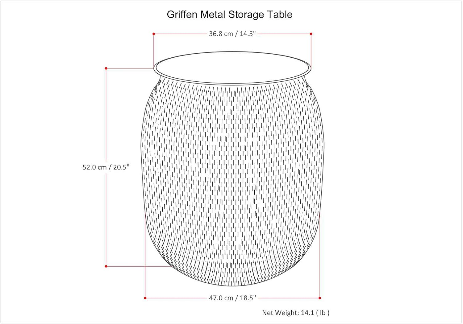 SIMPLIHOME Griffen Metal Storage Accent Table - 19 inch Wide Solid Metal Round Drum Side Table in Antique Gold, Contemporary End Table for Living Room with Hidden Storage Space, Assembled