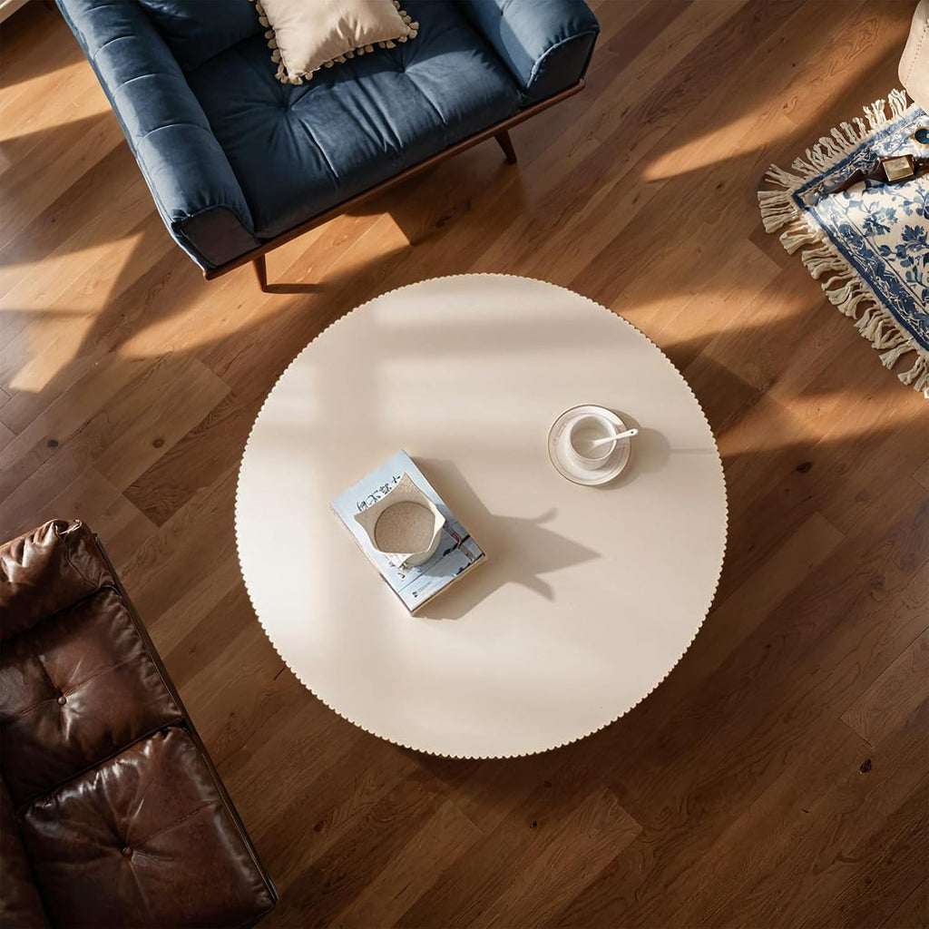Round Fluted Coffee Table Round Drum Coffee Table for Living Room Modern Circular Pedestal Center Table (Circle Ivory White 30.7in)