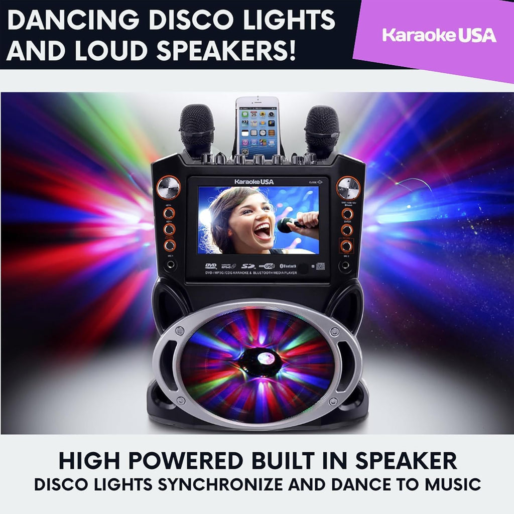Karaoke Machine with Lyrics Display 7' Screen. CD+G, DVD, MP3+G, MP3, CD & USB. Wireless Bluetooth Speaker with LED Disco Lights. Includes 2 Wired Microphones and 2 Bonus Karaoke Discs By Karaoke USA