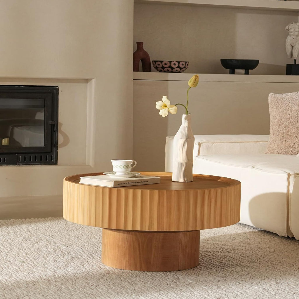 Round Coffee Table, 30.3in Modern Living Room Table, Fluted Drum Circle Tea Table with Storage, Accent Center Tables for Living Room, Apartment, Small Space (Nature Wood)