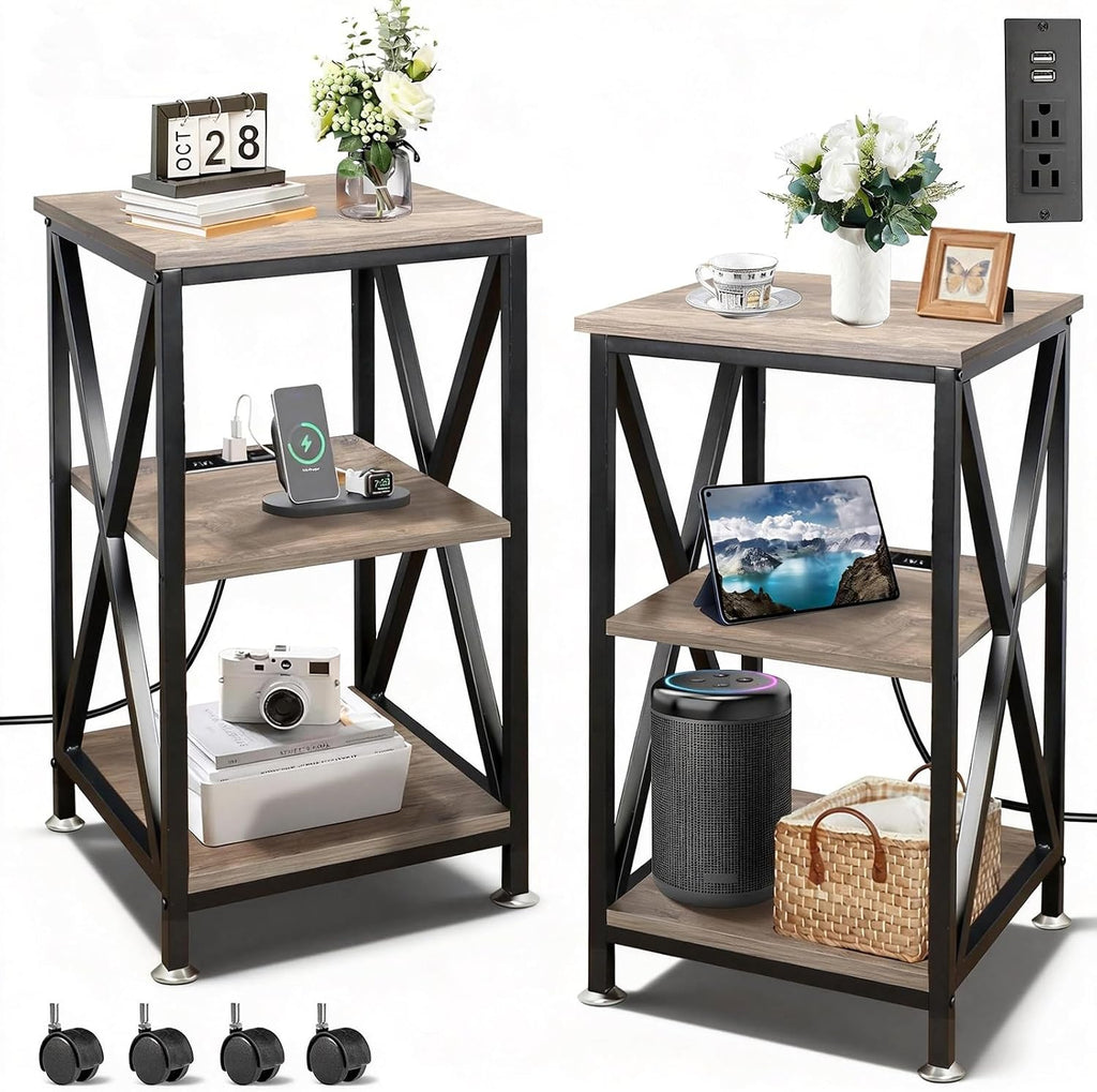 End Tables Living Room Set of 2, Square End Table with Charging Station, 16' D X 16' W X 28' H, Wood and Metal Table with USB Ports and Outlets, Side Table with Wheels for Living Room, Bedroom, Grey