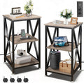 End Tables Living Room Set of 2, Square End Table with Charging Station, 16' D X 16' W X 28' H, Wood and Metal Table with USB Ports and Outlets, Side Table with Wheels for Living Room, Bedroom, Grey