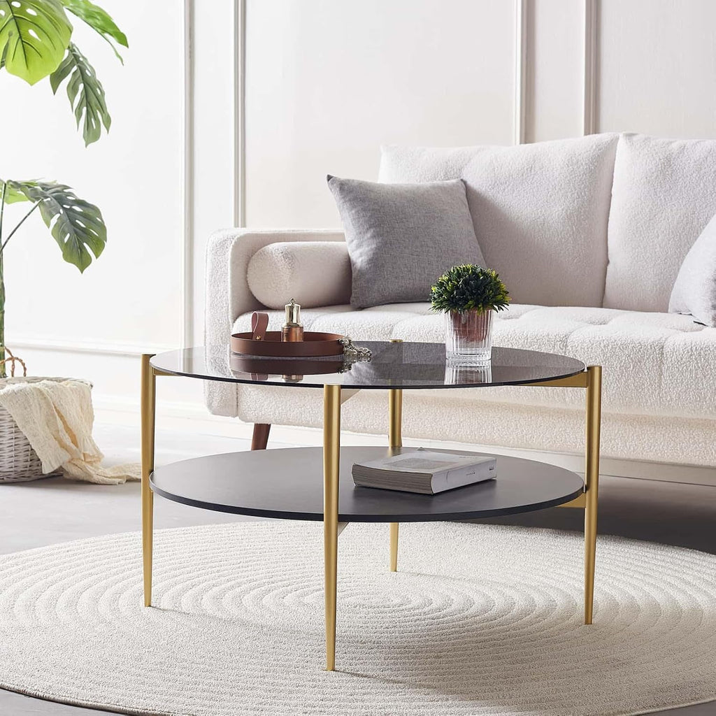 LumFurn Round Coffee Table for Living Room, Mid-Century Modern Design, D30 x H17, 2-Tier Structure, Grey Glass Top and Black Marble Finish Wood Shelf, Sleek Conical Metal Legs with Gold Finish Frame