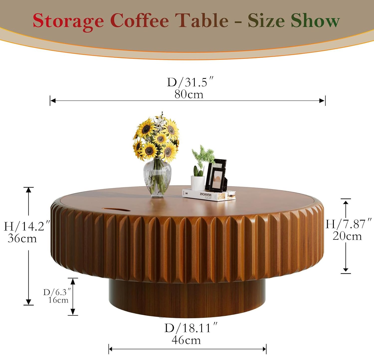 Chic Drum Coffee Table with Storage 31.5' Rustic Round Center Table - Handcraft Fluted Veneer Easy Assemble for Living Room Apartment (C 31.5in)