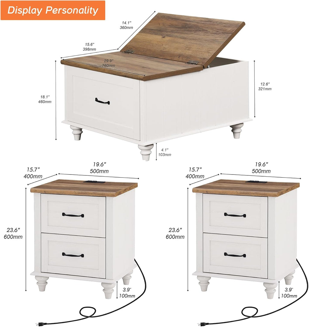 WAMPAT 3 Pieces Living Room Table Set, Set of 2 Nightstands Side Tables with Charging Station, One Square Coffee Table with Lift Top & Cabinet, White
