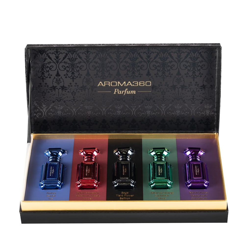 Aroma360 | Parfum Discovery Set | Set of 5 x10mL perfumes | Blue, Red, Green, Black & Purple | Unisex Perfume Set