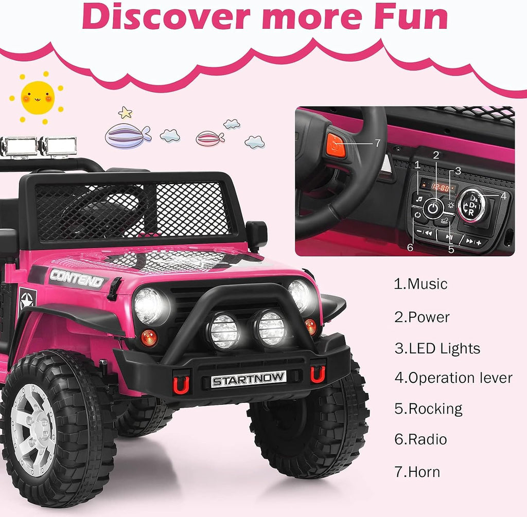 Costzon 2-Seater Ride on Truck, 12V Battery Powered Electric Vehicle w/Remote Control, 2 Speeds, Spring Suspension, LED Light, Horn, Music/ MP3, 2 Doors Open, Ride on Car for Kids (Pink)