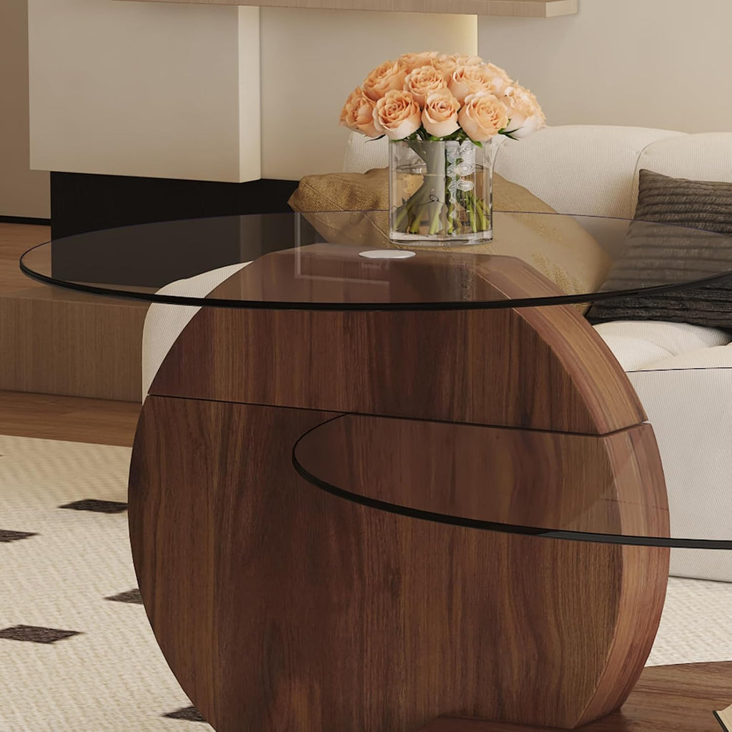 Glass Coffee Table 3 Tier Round Coffee Tables Tempered Clear Glass Top and Wood Table with Storage Modern Circle Coffee Table for Living Room(42' Dark Brown)