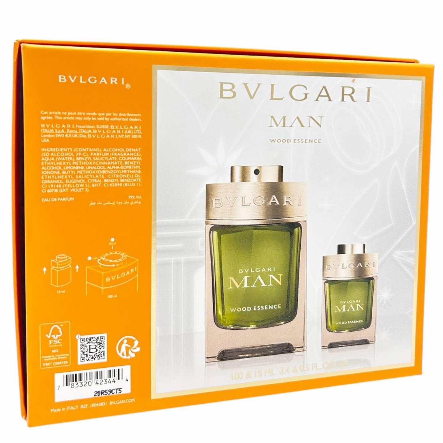 Bvlgari Bulgari Man Gift Box for Men Wood Essence Perfume Eau De Parfum Spray 100 ml and Perfume Travel Spray Eau De Parfum 15 ml