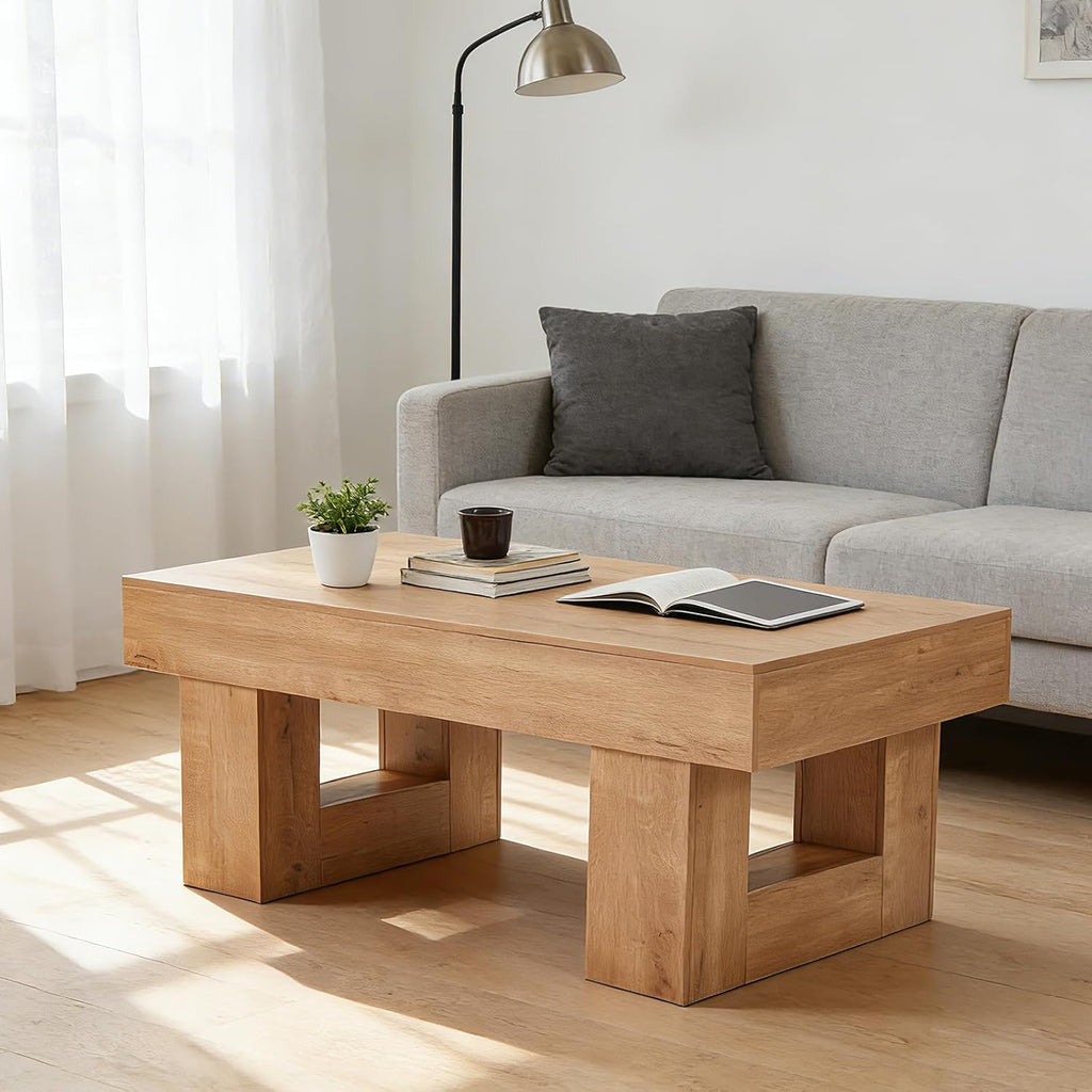 EROMMY 39' Minimalist Farmhouse Coffee Table for Living Room, Wooden Rectangular Accent Center Tables with Thick Tabletop, Rustic Modern Low Cocktail Tea Furniture with Thick U-Shaped Base (Natural)