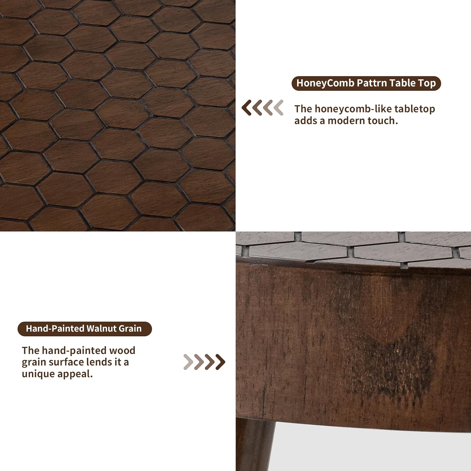 HOMPUS Round Coffee Table, 31.5'' Mid Century Modern Coffee Table Set w Honeycomb Pattern Tabletop, Coffee Table and End Table Set of 2 for Living Room, Easy to Assemble, Brown