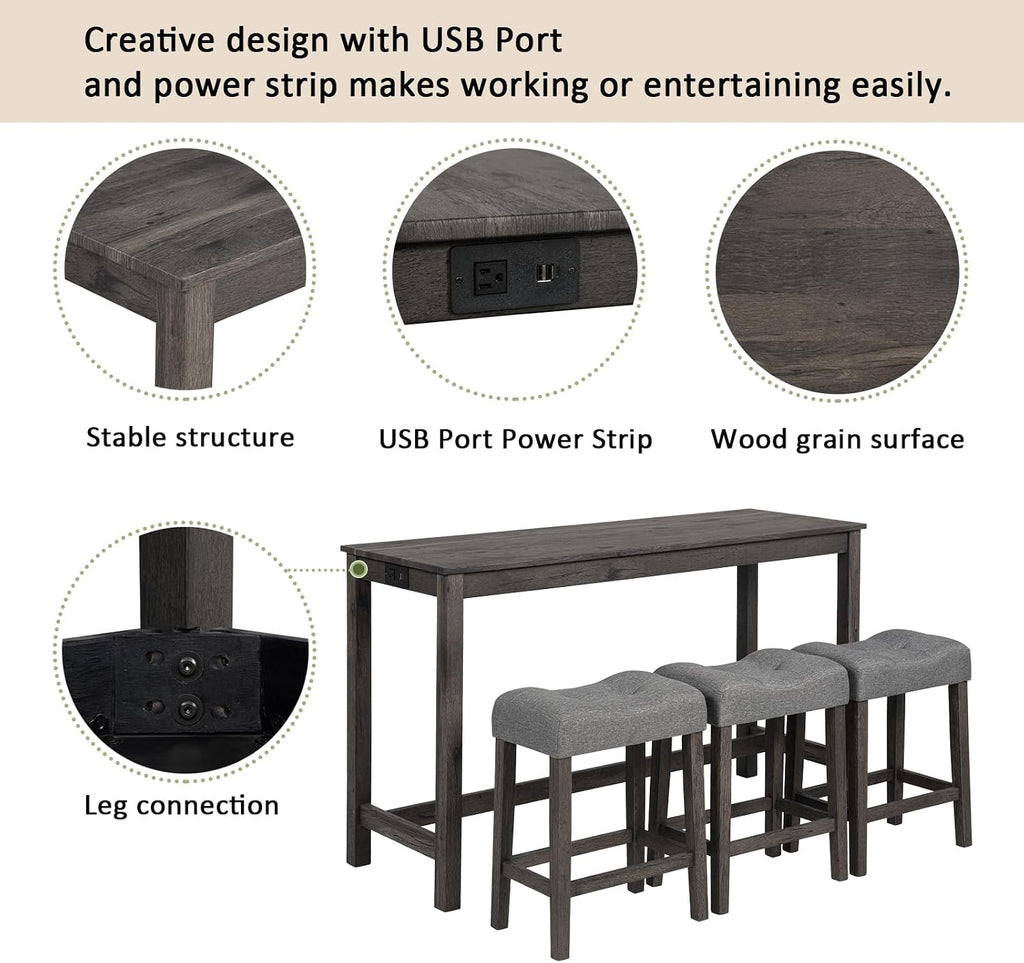 Merax 4 Piece Dining Bar Table Set with Power Outlet,Behind Sofa Couch Table with 3 Linen Fabric Padded Saddle Seat Stools,for Living Room,Dining Room,Dark Gray