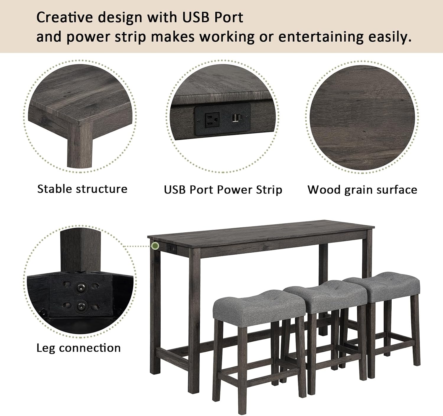 Merax 4 Piece Dining Bar Table Set with Power Outlet,Behind Sofa Couch Table with 3 Linen Fabric Padded Saddle Seat Stools,for Living Room,Dining Room,Dark Gray