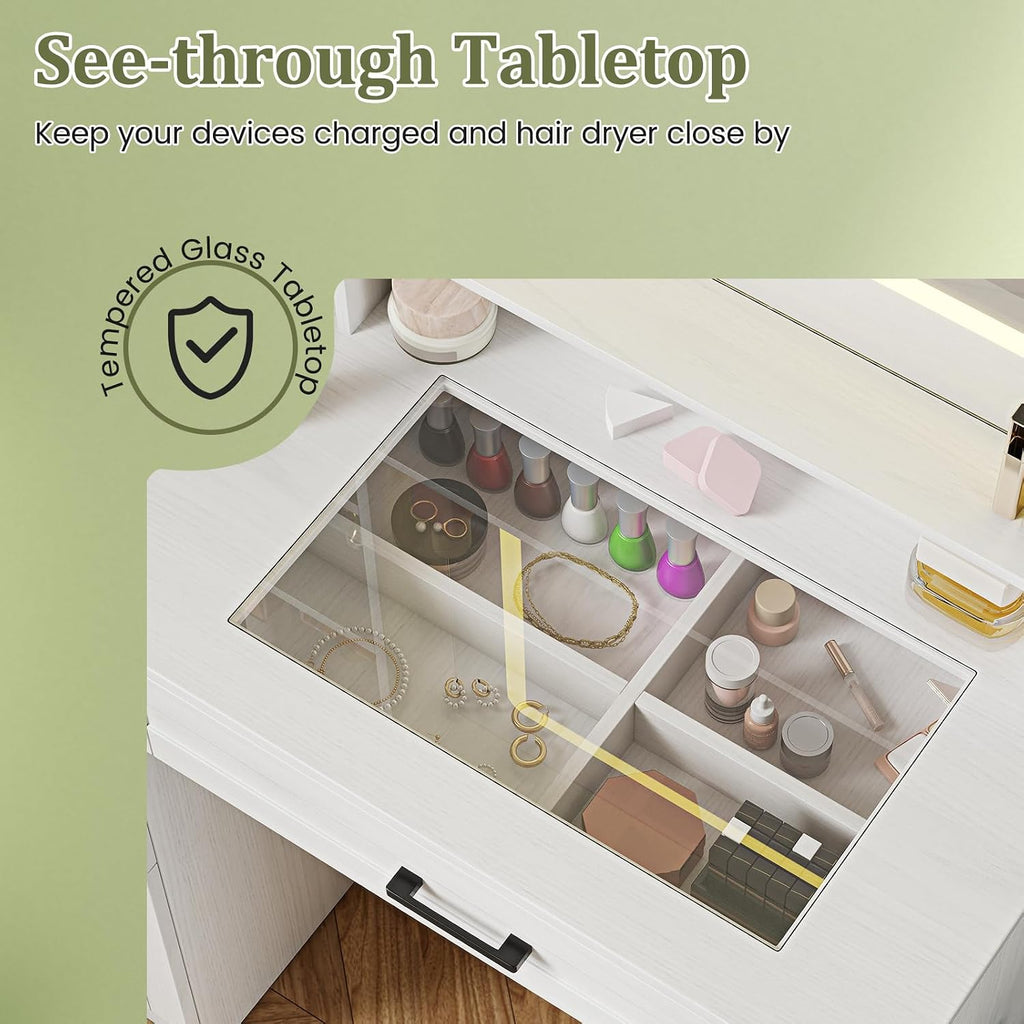 LOKO Vanity Desk with Mirror & Lights, Makeup Table & Stool Set with Storage, Charging Station, Hair Dryer Stand, 3 Color Lighting, See-Through Tempered Glass Tabletop, Modern Dressing Desk, White