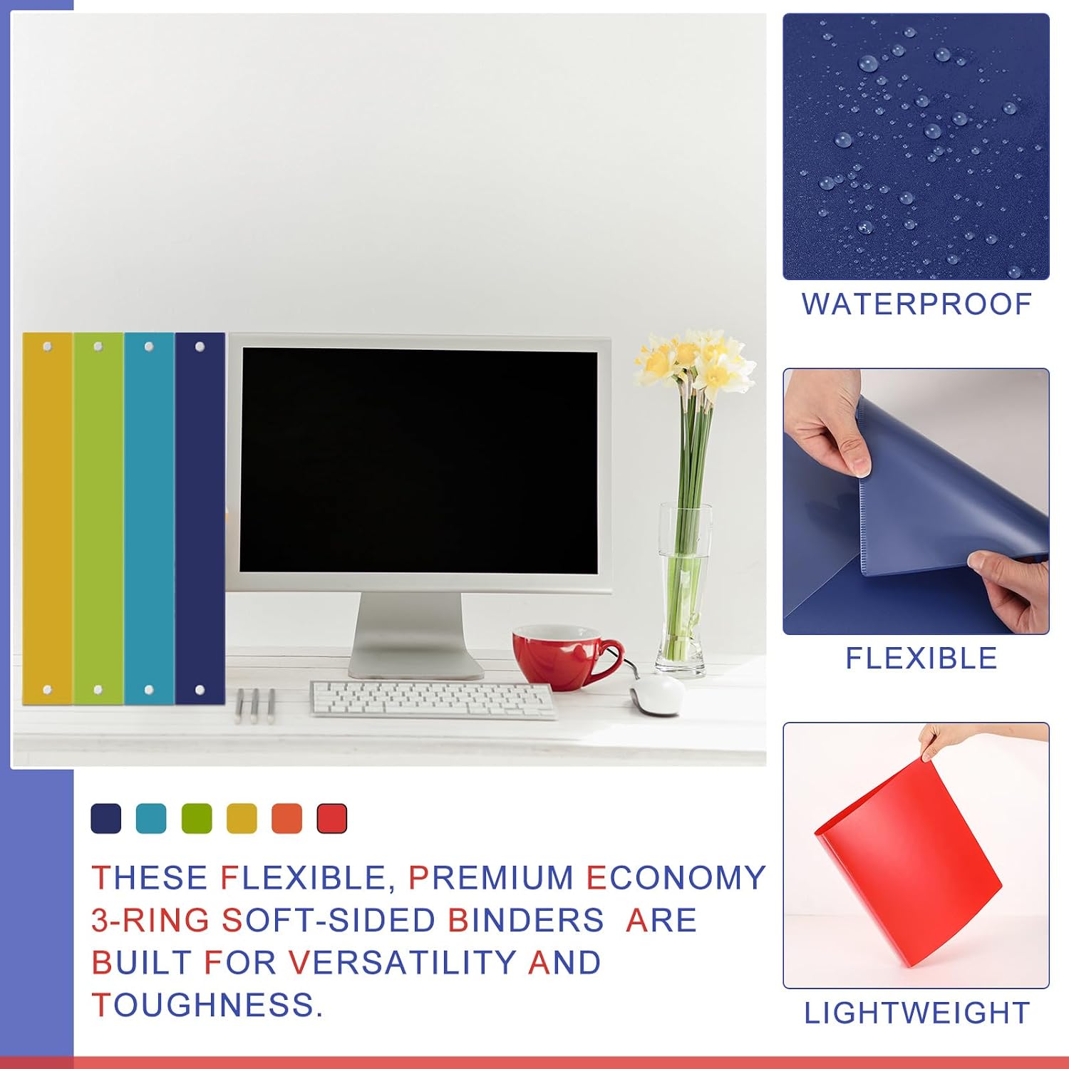 Fulmoon 48 Pack 3 Ring Plastic Binders 2 Inch Bulk with 2 Pockets, Flexible Binder Loose Leaf Hardcover, Fit 12' x 10' US Letter Size Paper, for School Office Home, 6 Colors(Vibrant)