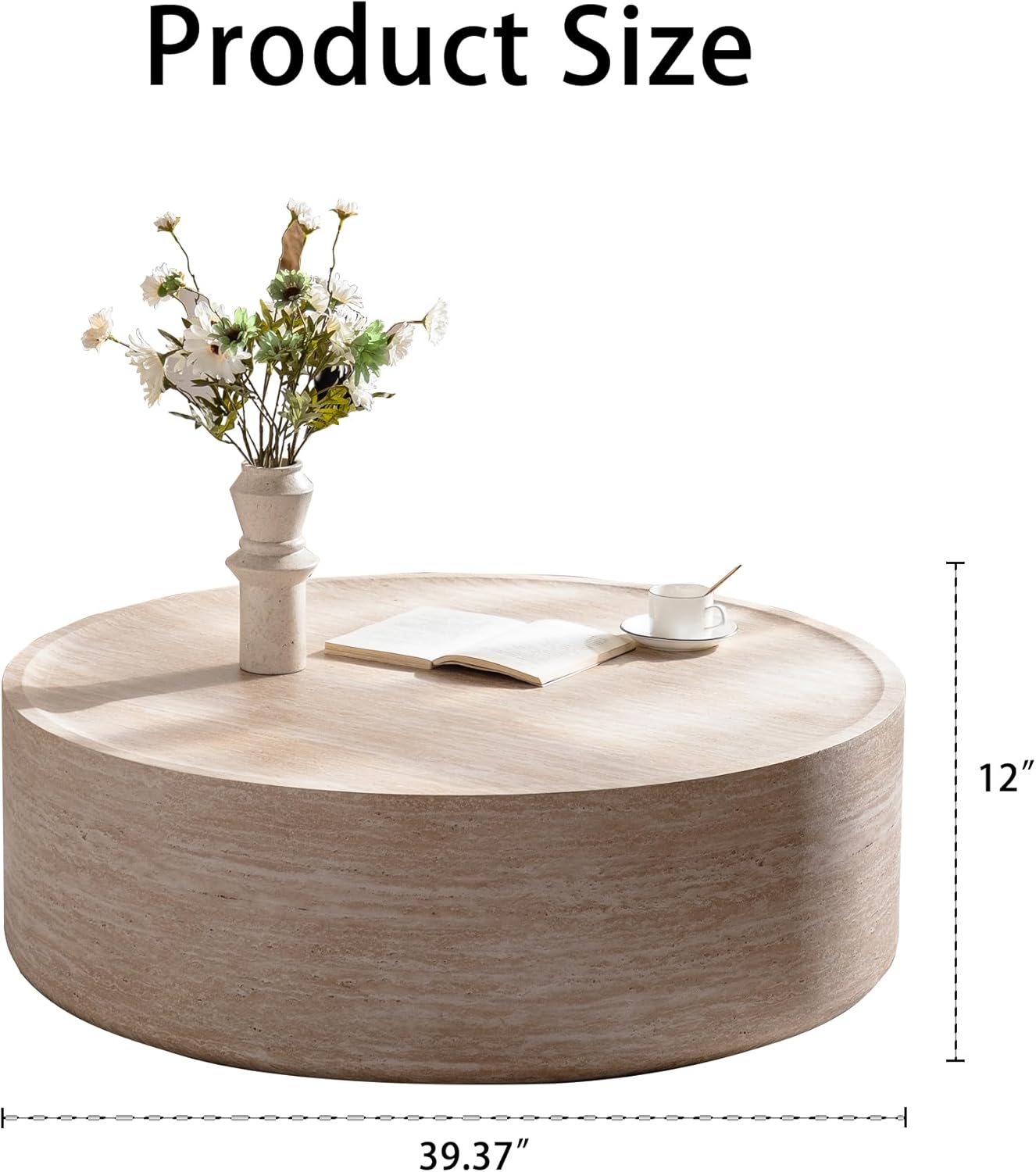 Faux Travertine Coffee Table for Living Room Modern Wood Drum Coffee Tables 39.37' Fully Assembled Round Center Table for Living Room Home Office
