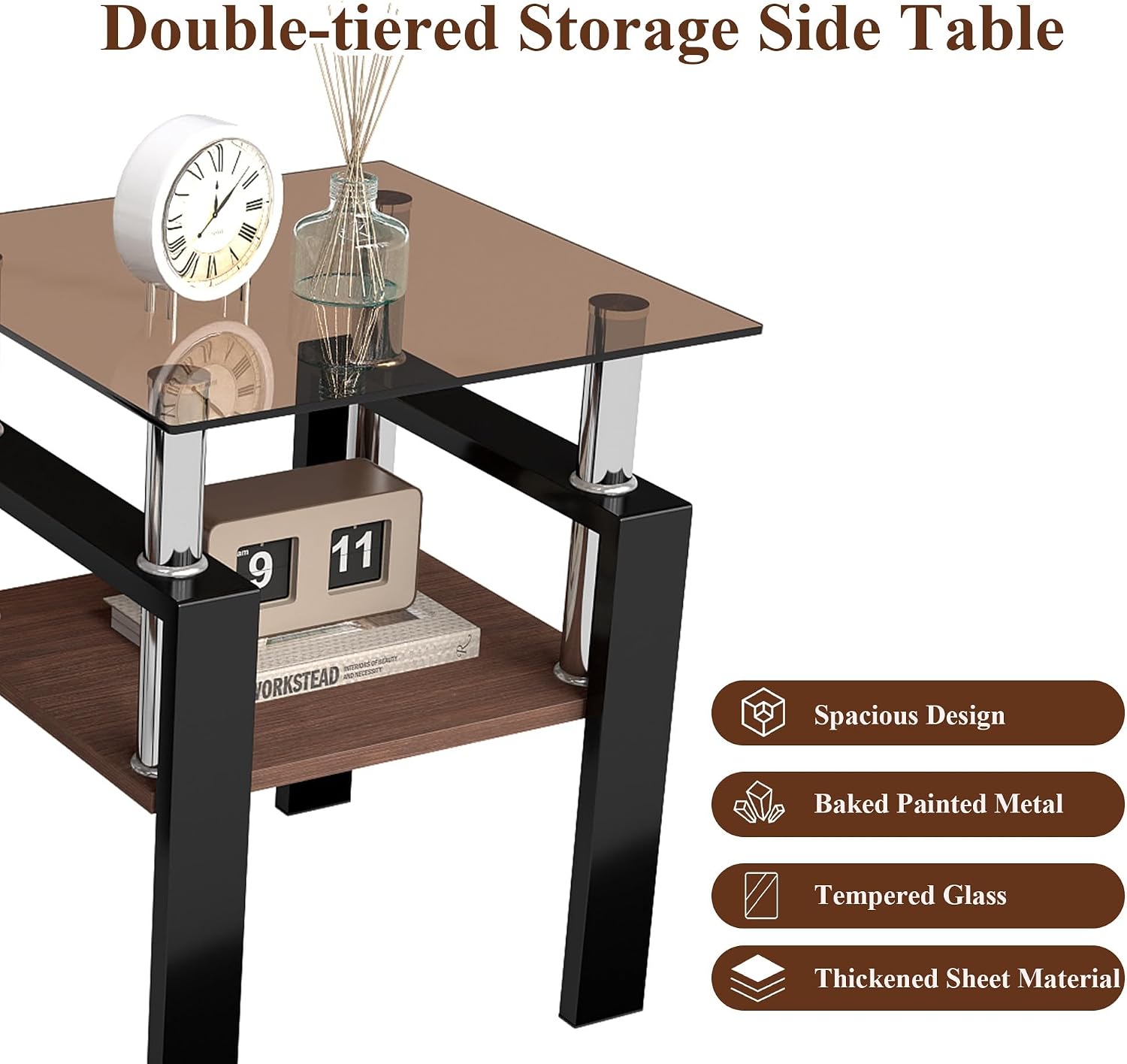 Glass Coffee Table Sets of 3 for Living Room, Mordern End Tables with Storage, Walnut Wooden Shelves & Black Metal Leg, Rectangle Center Table for Small Space Apartment (Brown+Black)