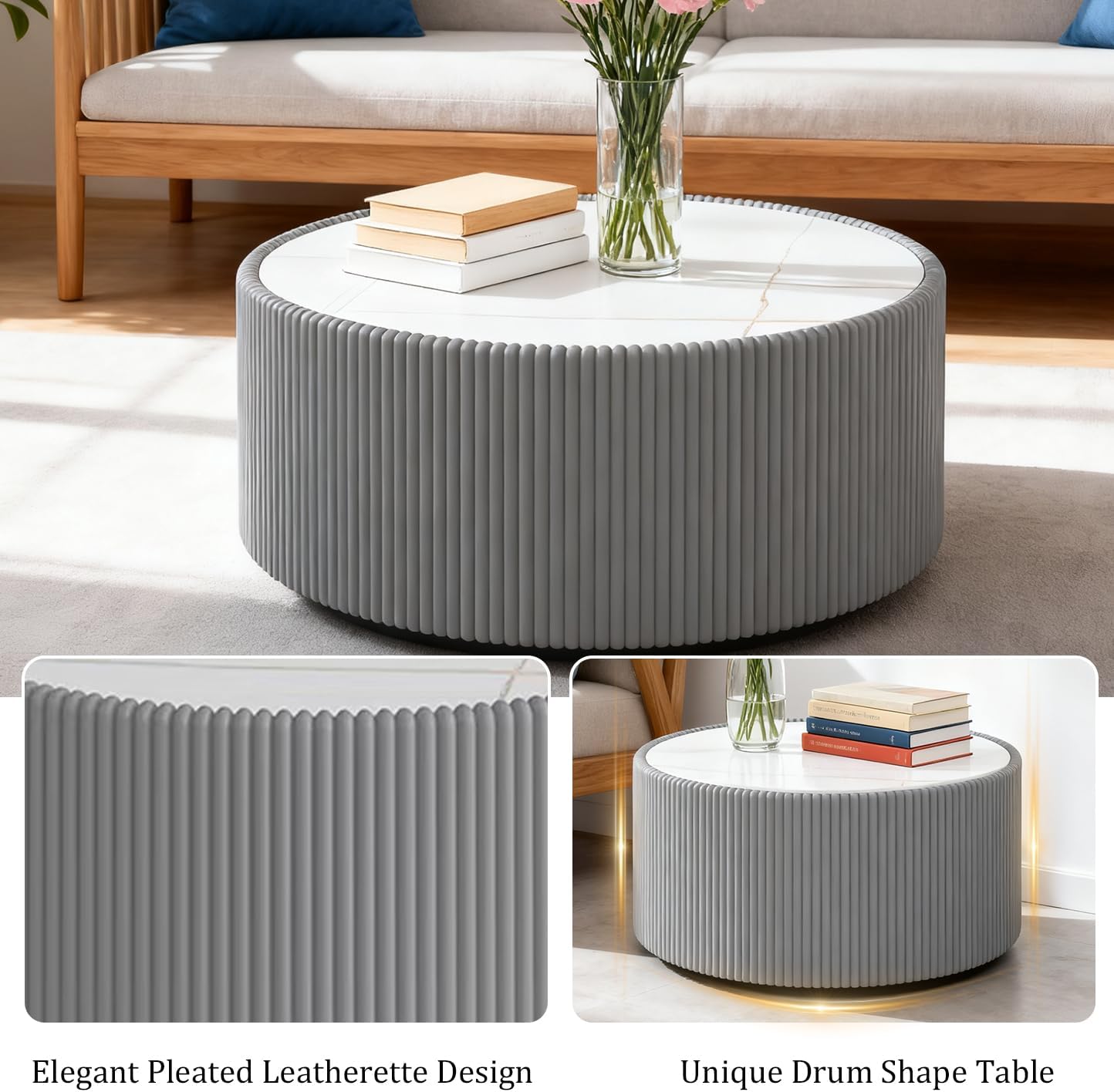 Modern Round Coffee Table Set of 2 Luxury Sintered Stone Top Coffee End Table in Grey/Black Leatherette Drum-Shape Small Coffee Side End Tables for Living Room,Fully Assembled