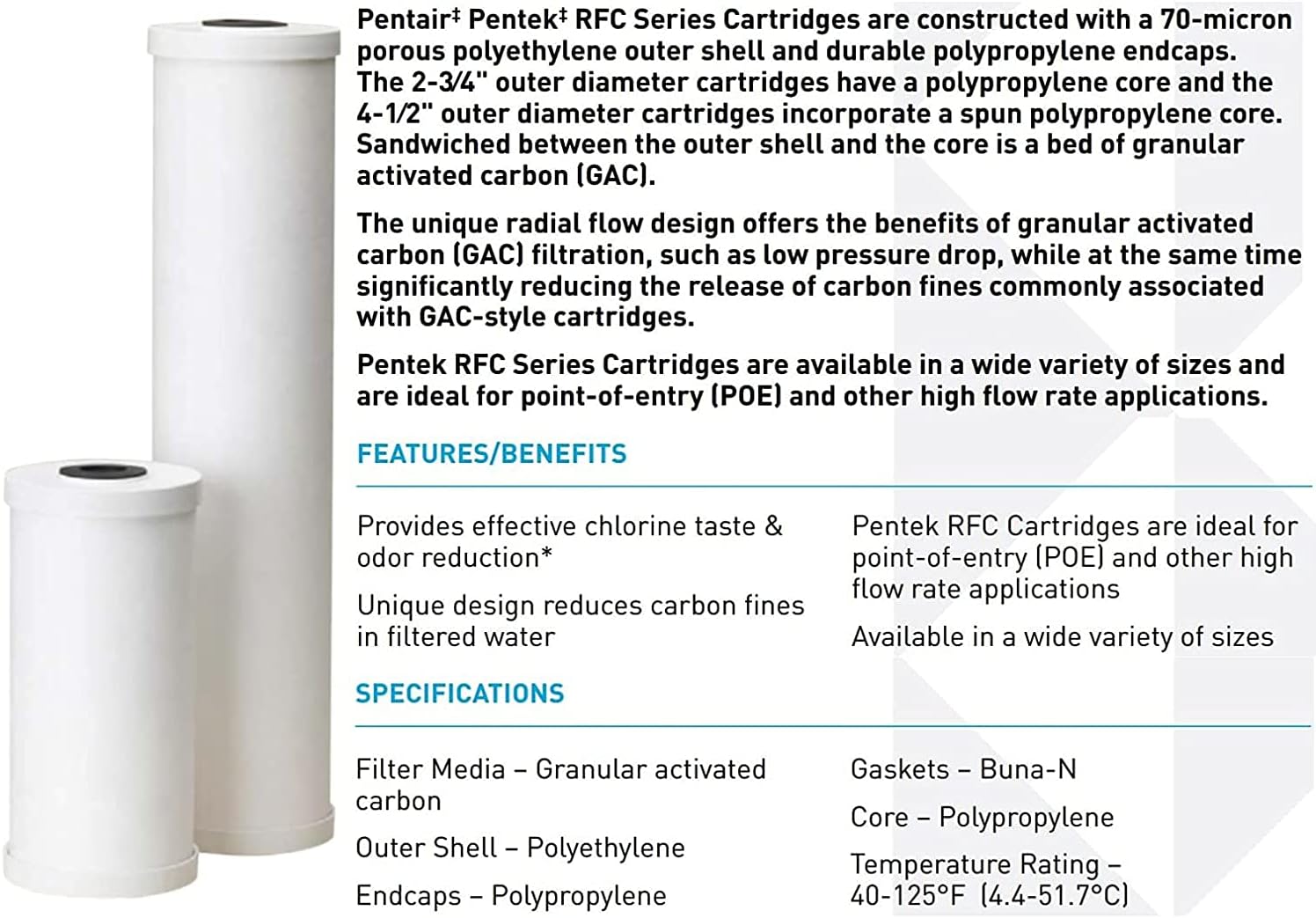 Pentair Pentek RFC-20BB Big Blue Carbon Water Filter, Whole House Heavy Duty Radial Flow Carbon Replacement Cartridge with Granular Carbon (GAC) Filter, 20' x 4.5', 25 Micron, Pack of 6, White