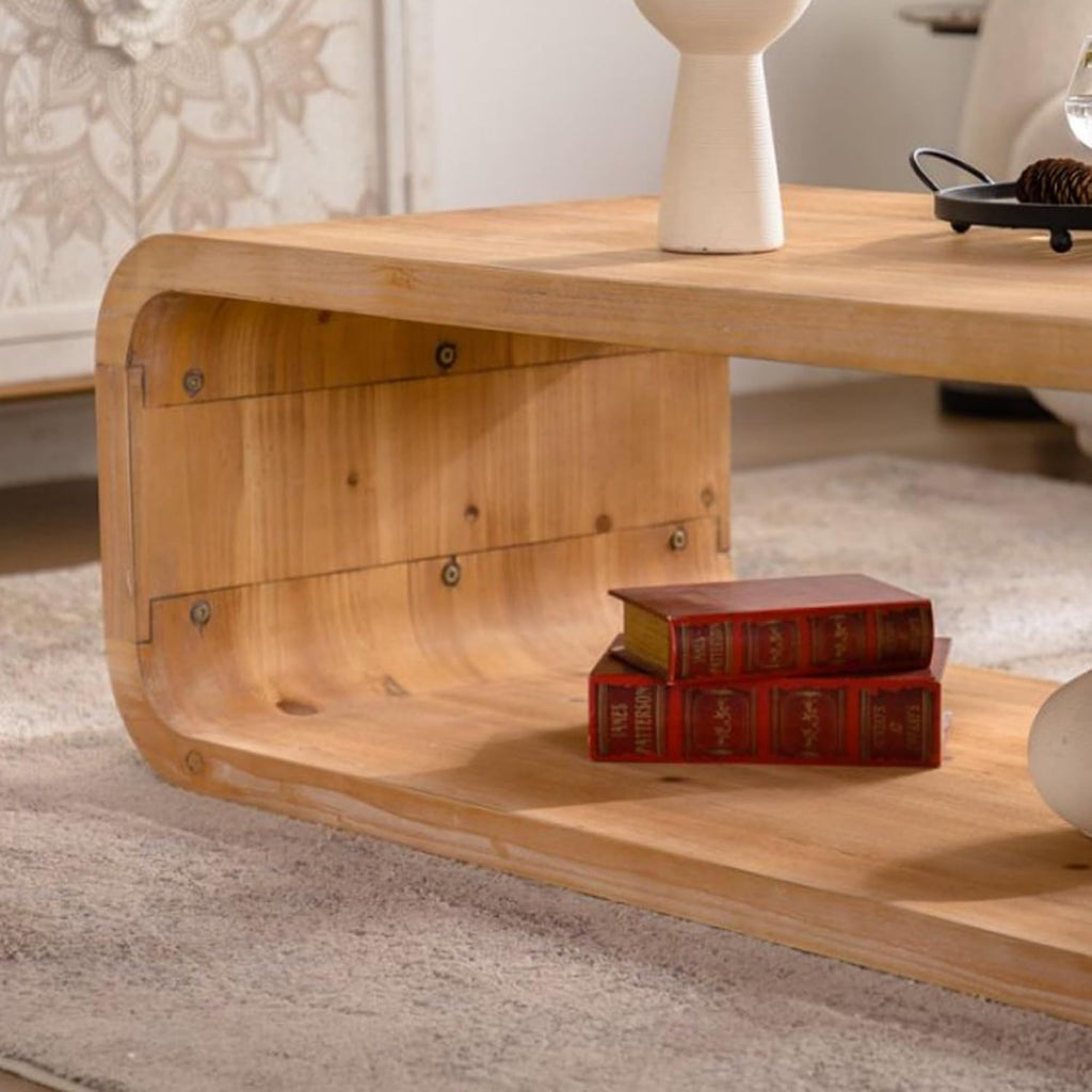 47.24' Mid-Century Modern Coffee Table with Storage Shelf, 2-Tier Curved Wooden Coffee Tables for Living Room,Modern Rectangle Center Tea Table with Rounded Corners for Apartment Bedroom Office