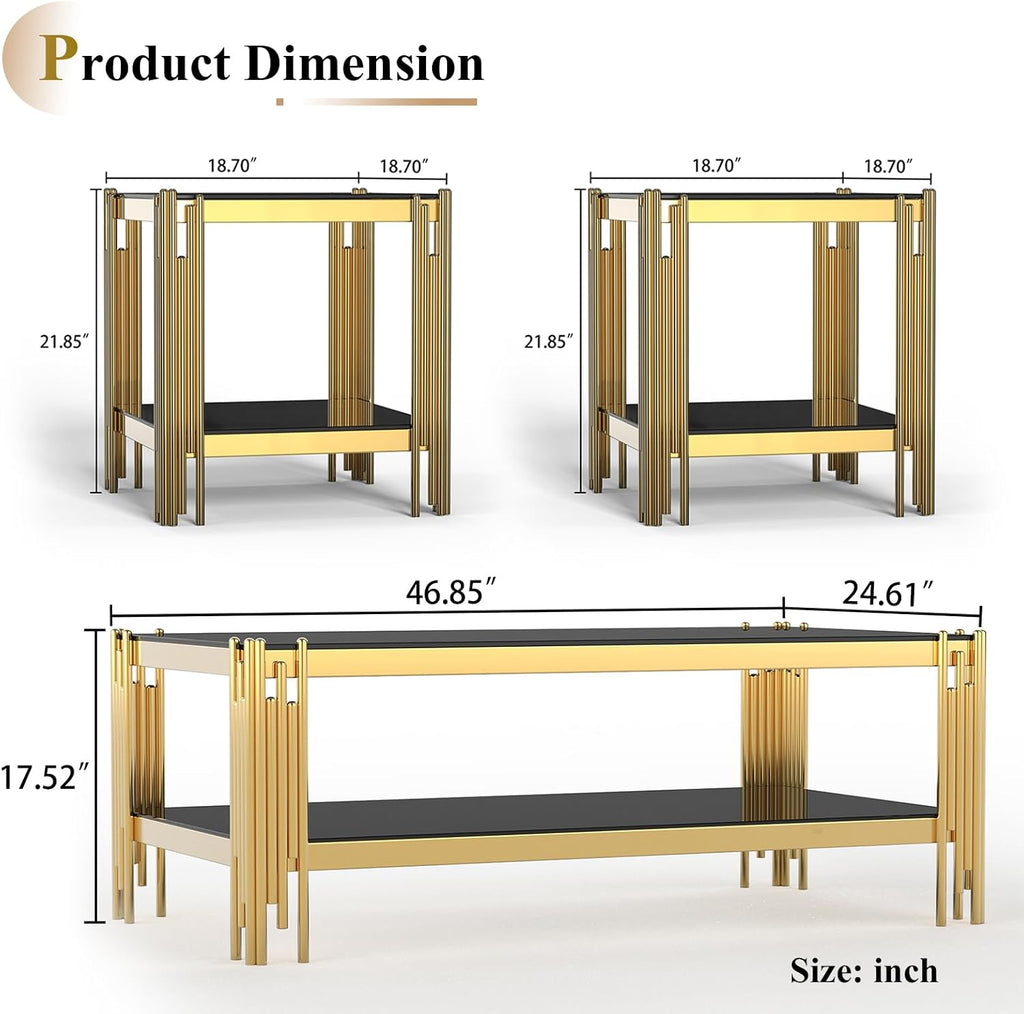 Modern Glass Coffee Table Set of 3, Luxury 2-Tier Black Glass Coffee Table and 2 End Table Set w/Gold Stainless Steel Frame, 3 Piece Living Room Table Set for Apartment Office