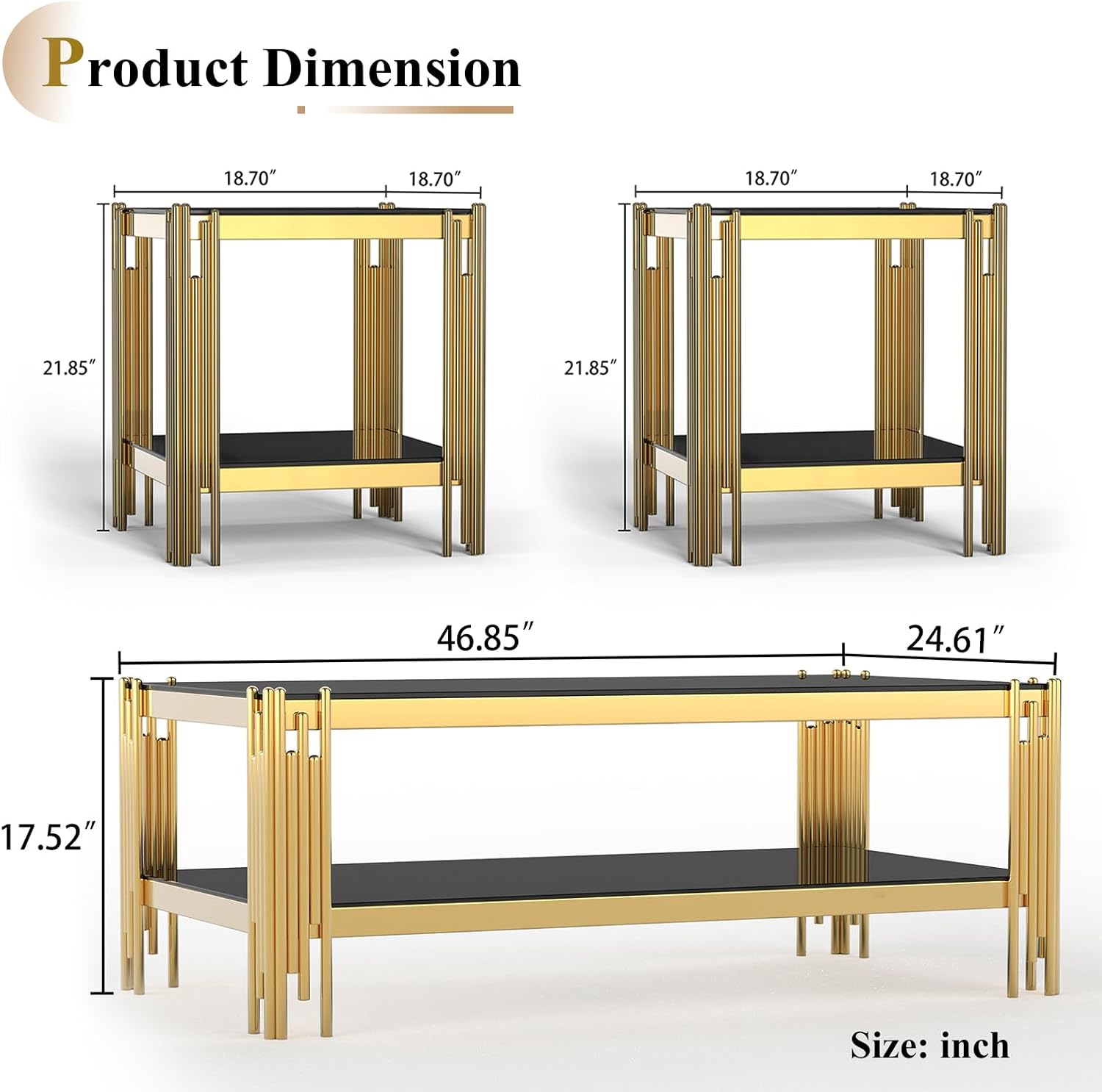 Modern Glass Coffee Table Set of 3, Luxury 2-Tier Black Glass Coffee Table and 2 End Table Set w/Gold Stainless Steel Frame, 3 Piece Living Room Table Set for Apartment Office