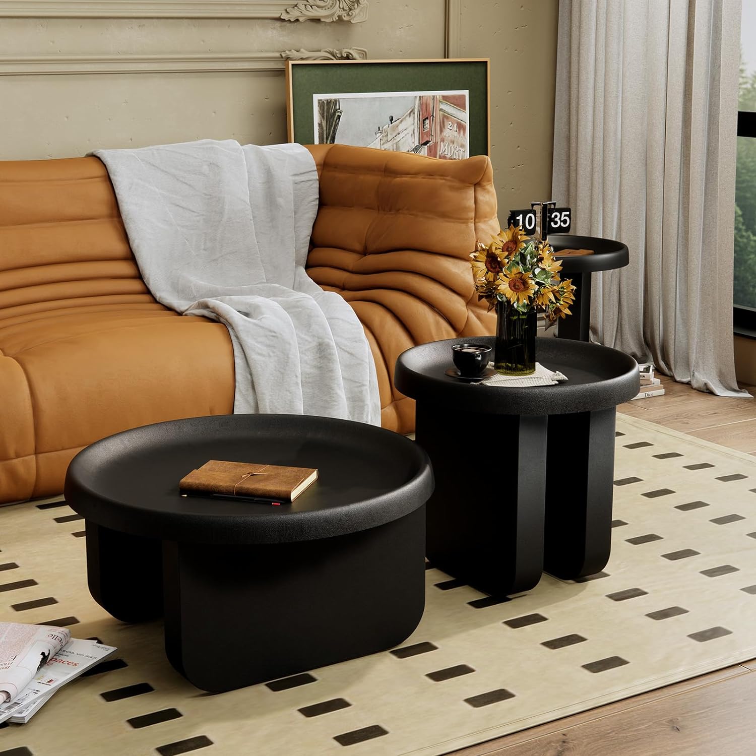 Round Side Table, Modern end Table,Small Metal Coffee Table,Unique Circle Accent Table for Living Room,Bedroom (Black, Small Circle：19.3 x 19.7（in）)