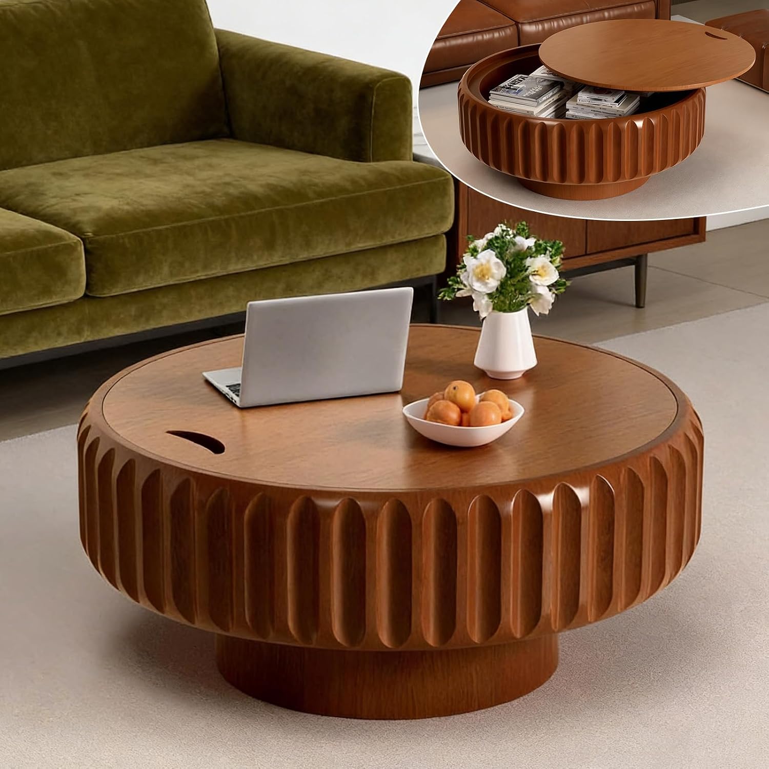 Round Wood Fluted Coffee Table with Storage, 31' Round Fluted Coffee Table with Flip-Top Lid Mid Century Modern Low Circle Drum Coffee Tables for Living Room (Brown, 31 inch)