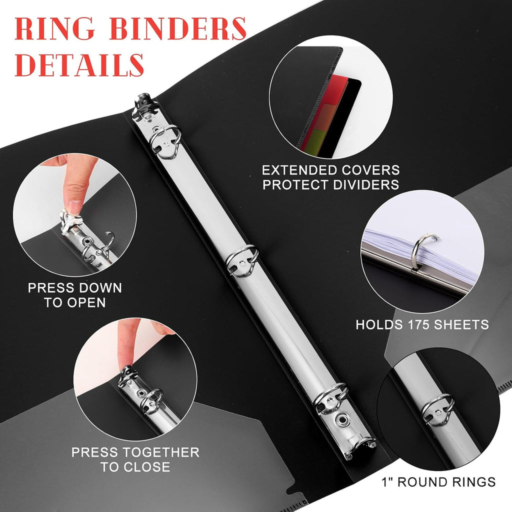 Fulmoon 100 Pcs 3 Ring Binders 1 Inch, Plastic Flexible Binders in Bulk with 2 Interior Pockets,Hold 175 Sheets with Clear Cover for Office, Home, and School(Black)