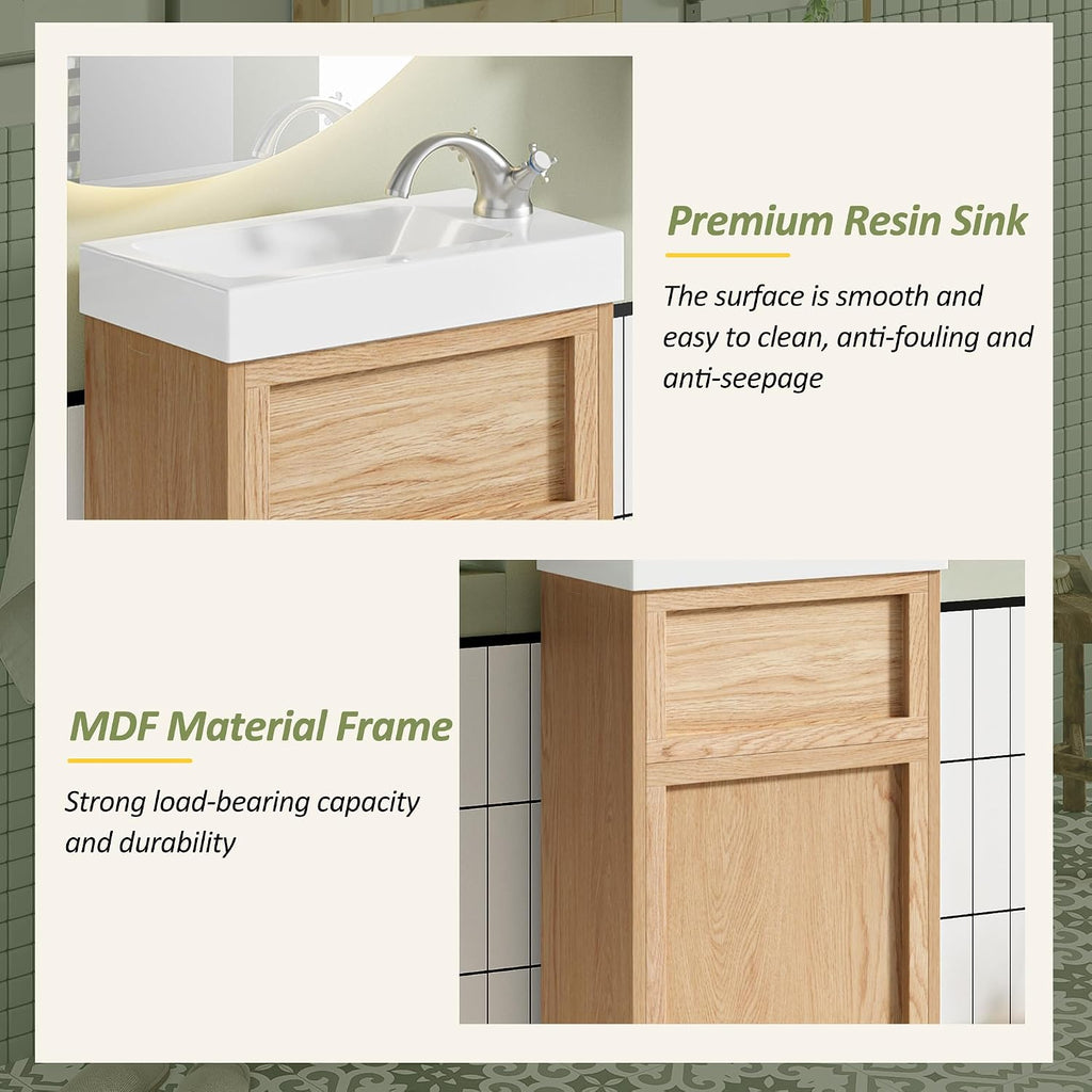 15.75' Rustic Bathroom Vanity with MDF Cabinet & Adjustable Shelf, Stylish Reversible Resin Sink & Push-to-Open Door - Perfect for Small Spaces!