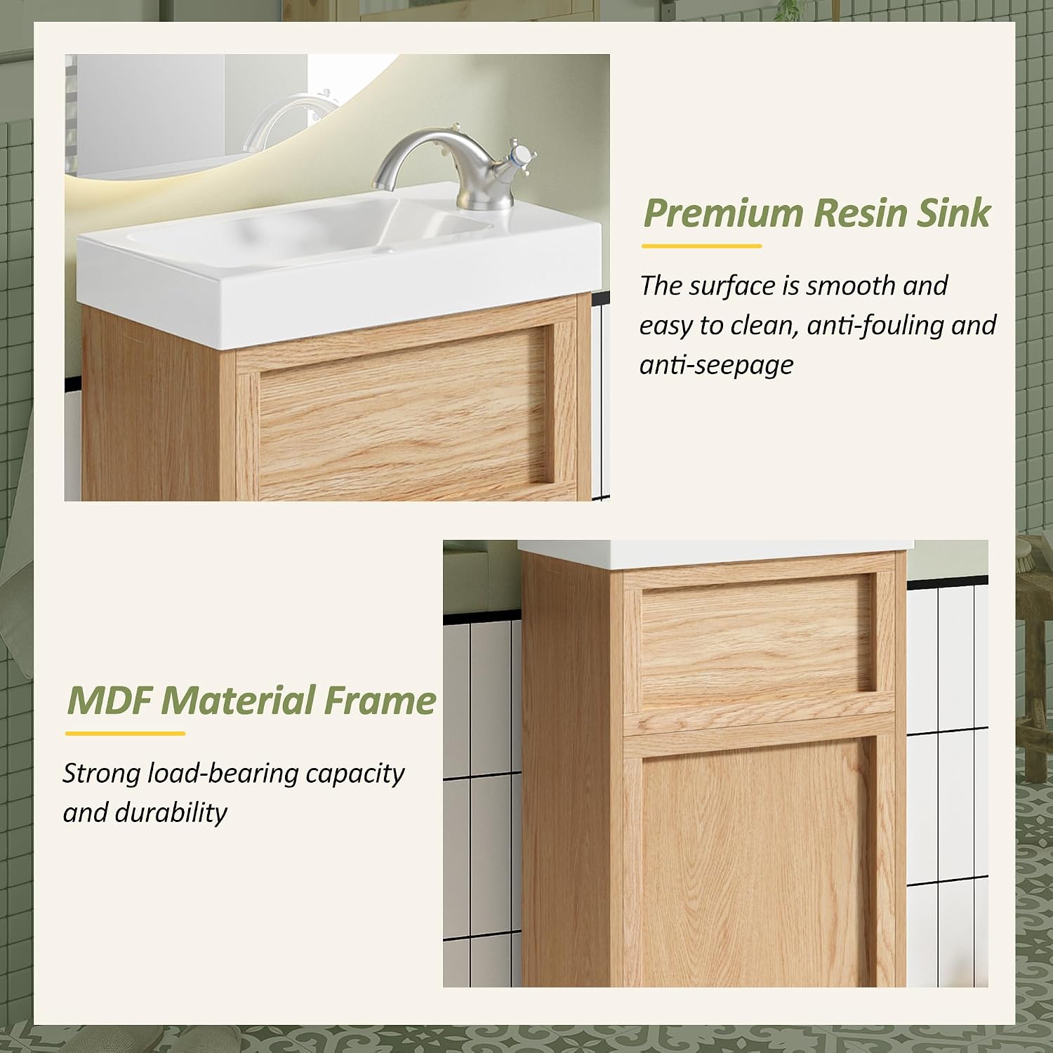 15.75' Rustic Bathroom Vanity with MDF Cabinet & Adjustable Shelf, Stylish Reversible Resin Sink & Push-to-Open Door - Perfect for Small Spaces!
