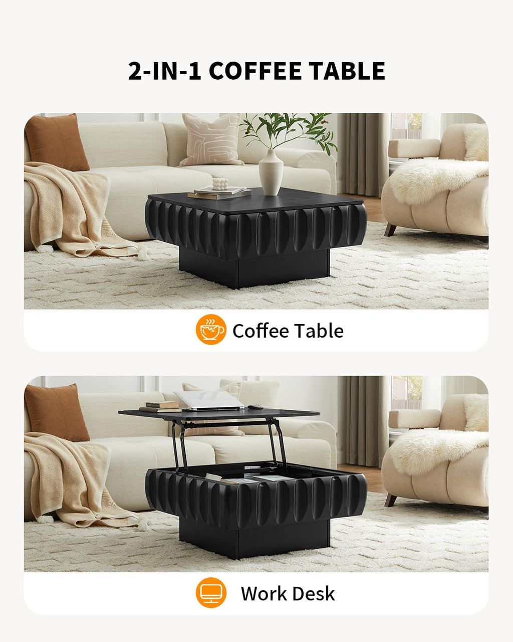 31' Lift Top Coffee Table, Fluted Coffee Table with Hidden Storage, Rectangle Handmade Solid Wood Strips for Small Space Apartment Living Room, Black