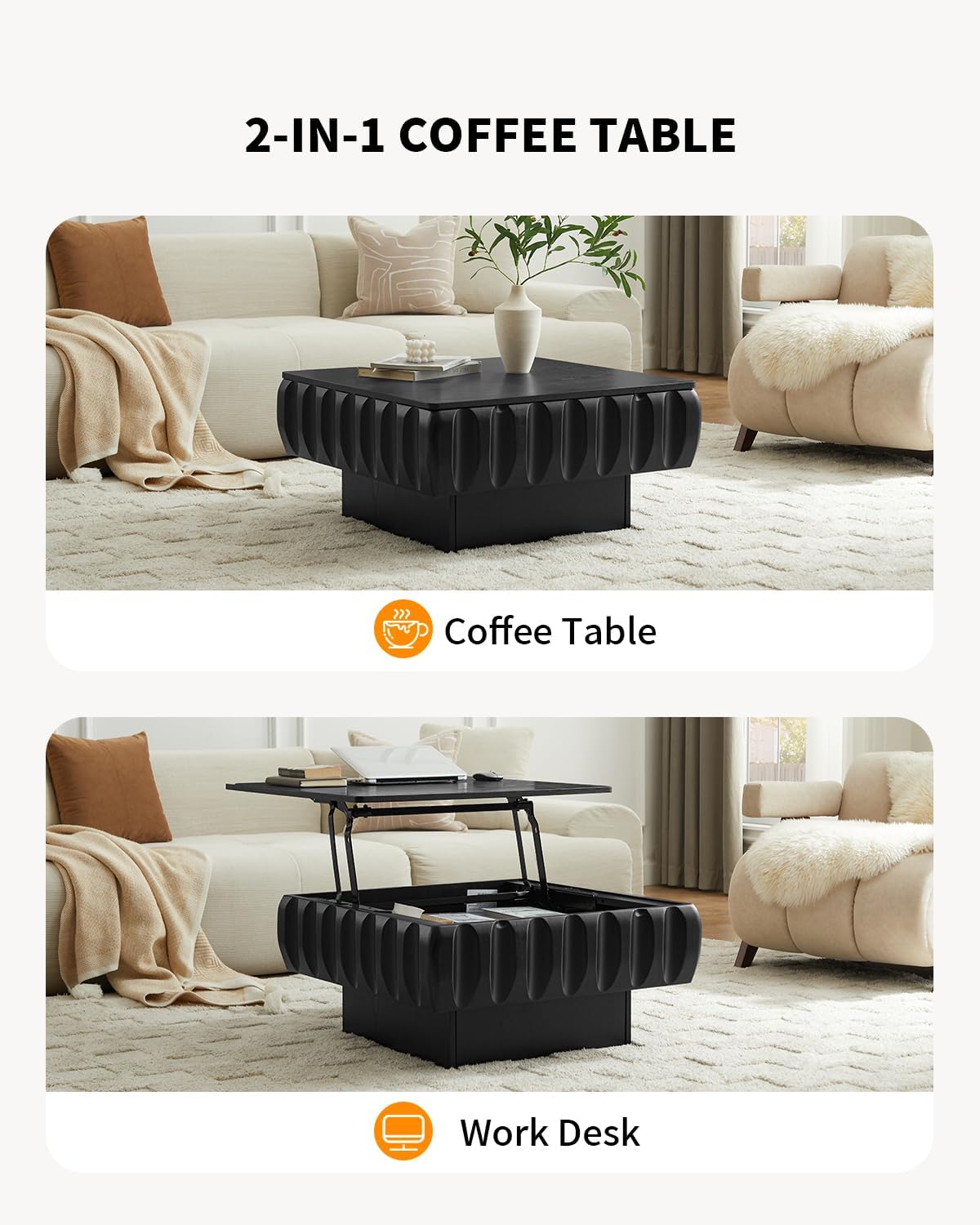 31' Lift Top Coffee Table, Fluted Coffee Table with Hidden Storage, Rectangle Handmade Solid Wood Strips for Small Space Apartment Living Room, Black