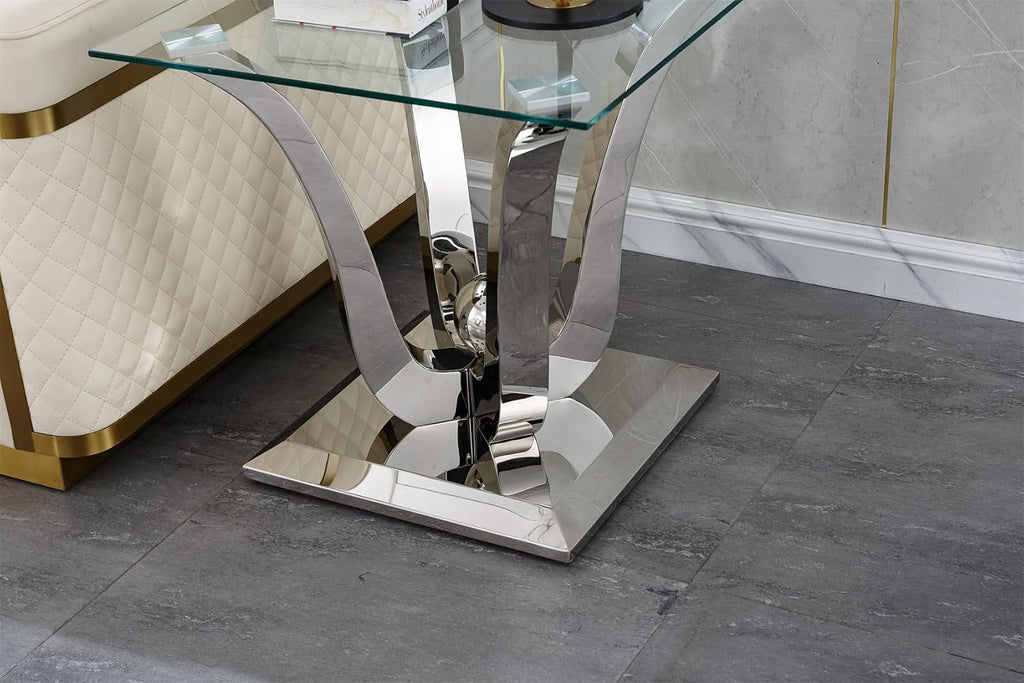 Modern Glass End Table Small Side Table with Silver Gorgeous Stainless Steel Base Square Glass Nightstand End Table Small Bedside Table Couch Sofa Table for Living Room Bedroom