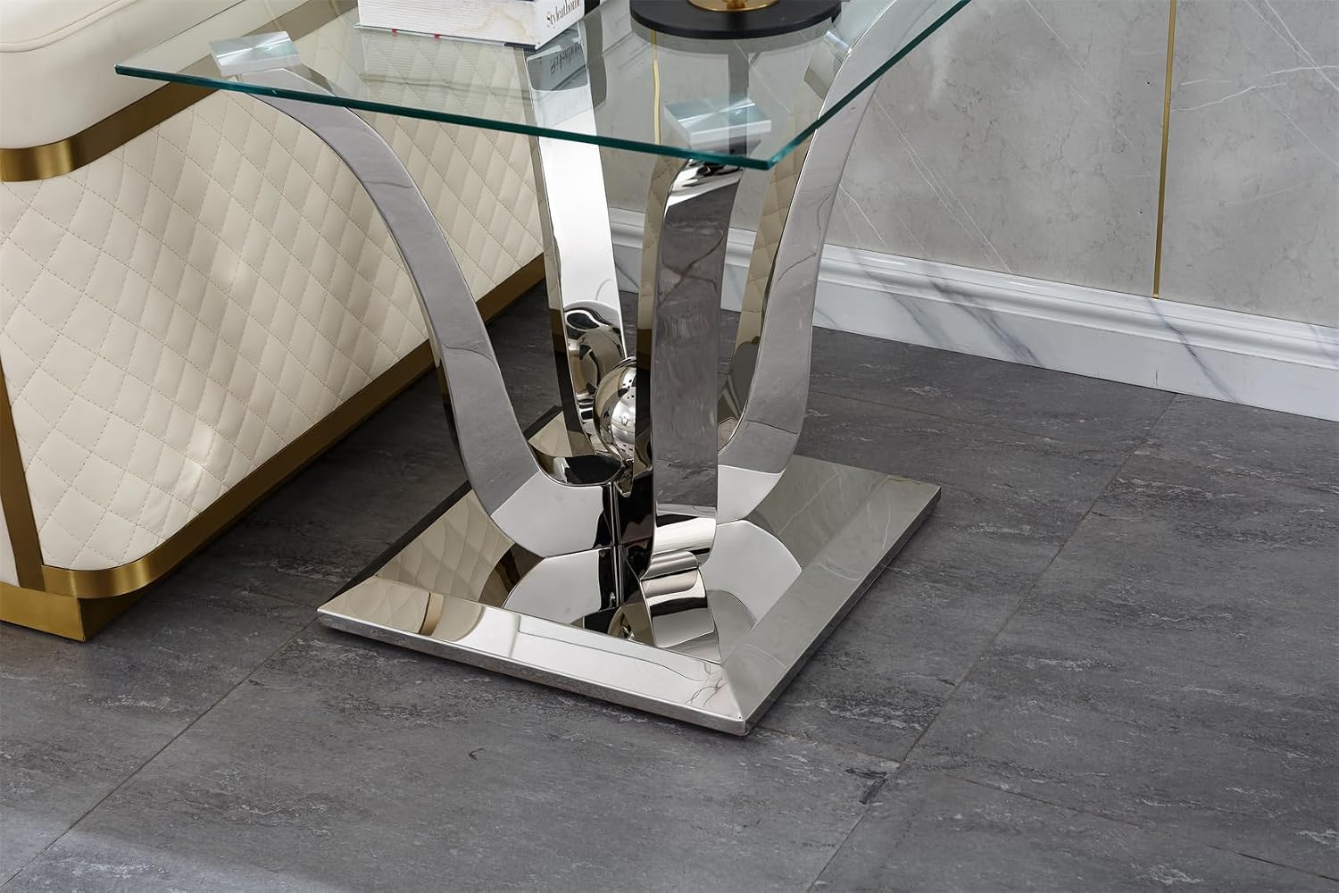 Modern Glass End Table Small Side Table with Silver Gorgeous Stainless Steel Base Square Glass Nightstand End Table Small Bedside Table Couch Sofa Table for Living Room Bedroom