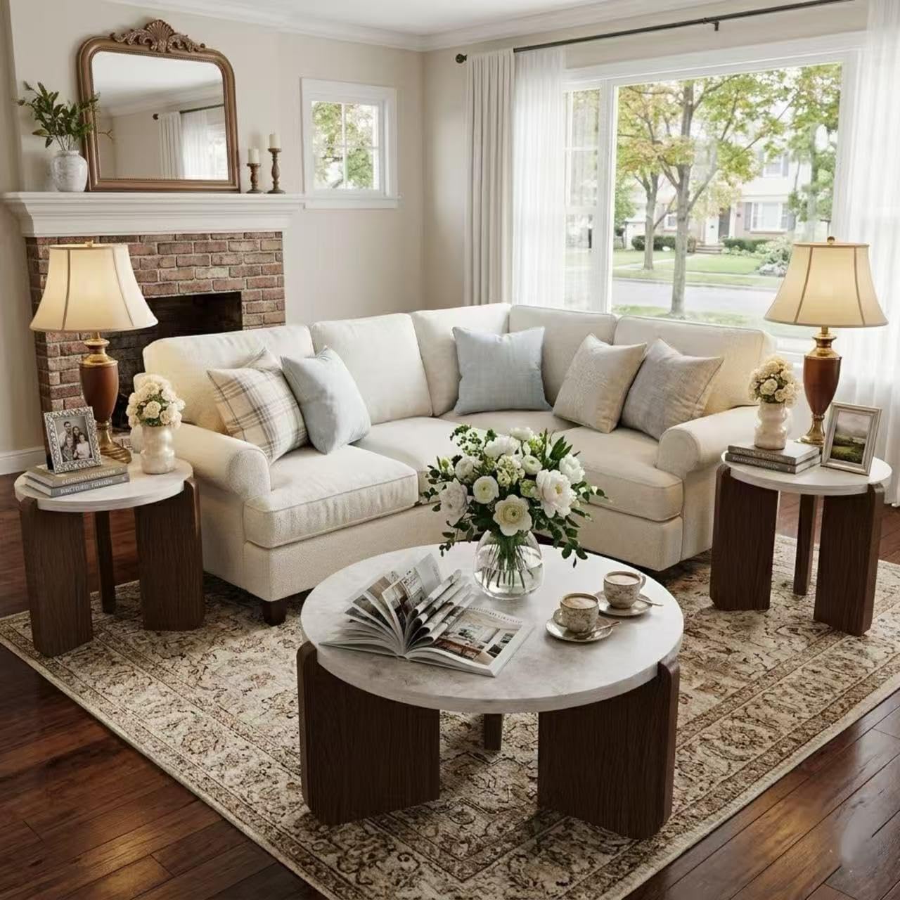 HOMPUS Coffee Table and End Table Sets, Round Faux Marble Modern 3-Piece Living Room Table Sets for Living Room, Office, Apartment, Bedroom, Easy to Assemble Living Room Furniture, Faux Marble
