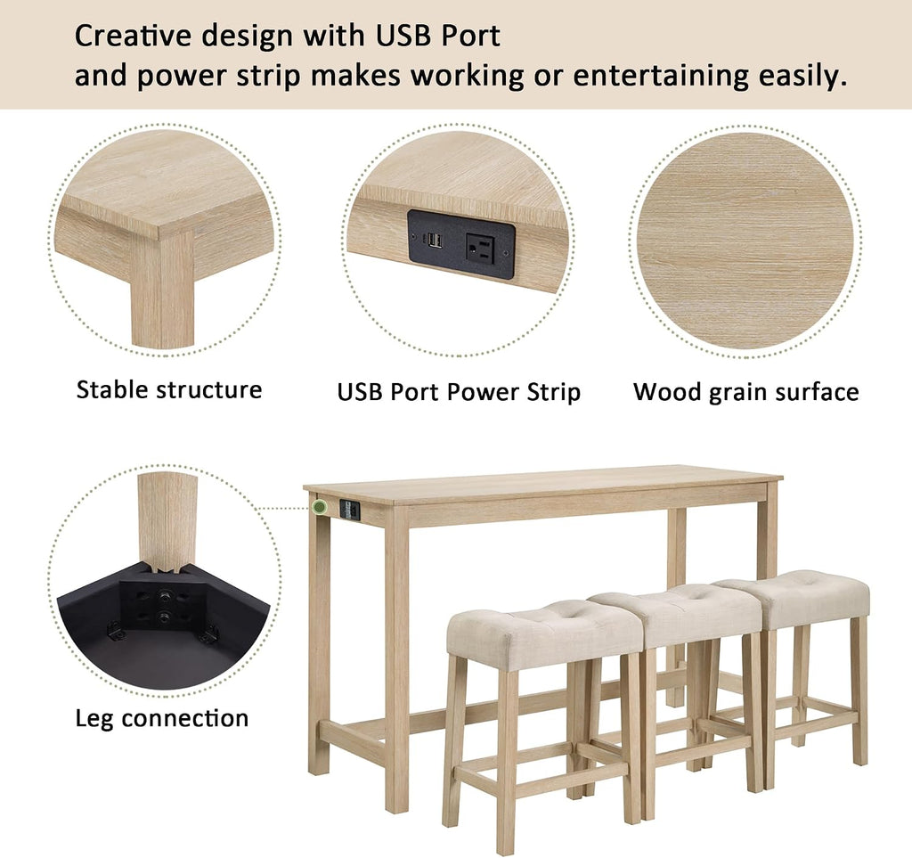 Merax 4 Piece Dining Bar Table Set with Power Outlet,Behind Sofa Couch Table with 3 Linen Fabric Padded Saddle Seat Stools,for Living Room,Dining Room,Light Oak