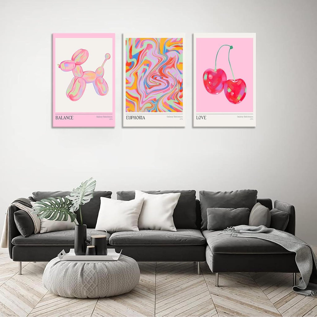 Trendy Set Of 3 Pink Cherry Cute Balloon Dog Posters Preppy Style Room Aesthetic Canvas Wall Art Gradient Aura Fresh Fruit Prints Painting For Home Bedroom Dorm Wall Decor 16X24in Wooden Frame