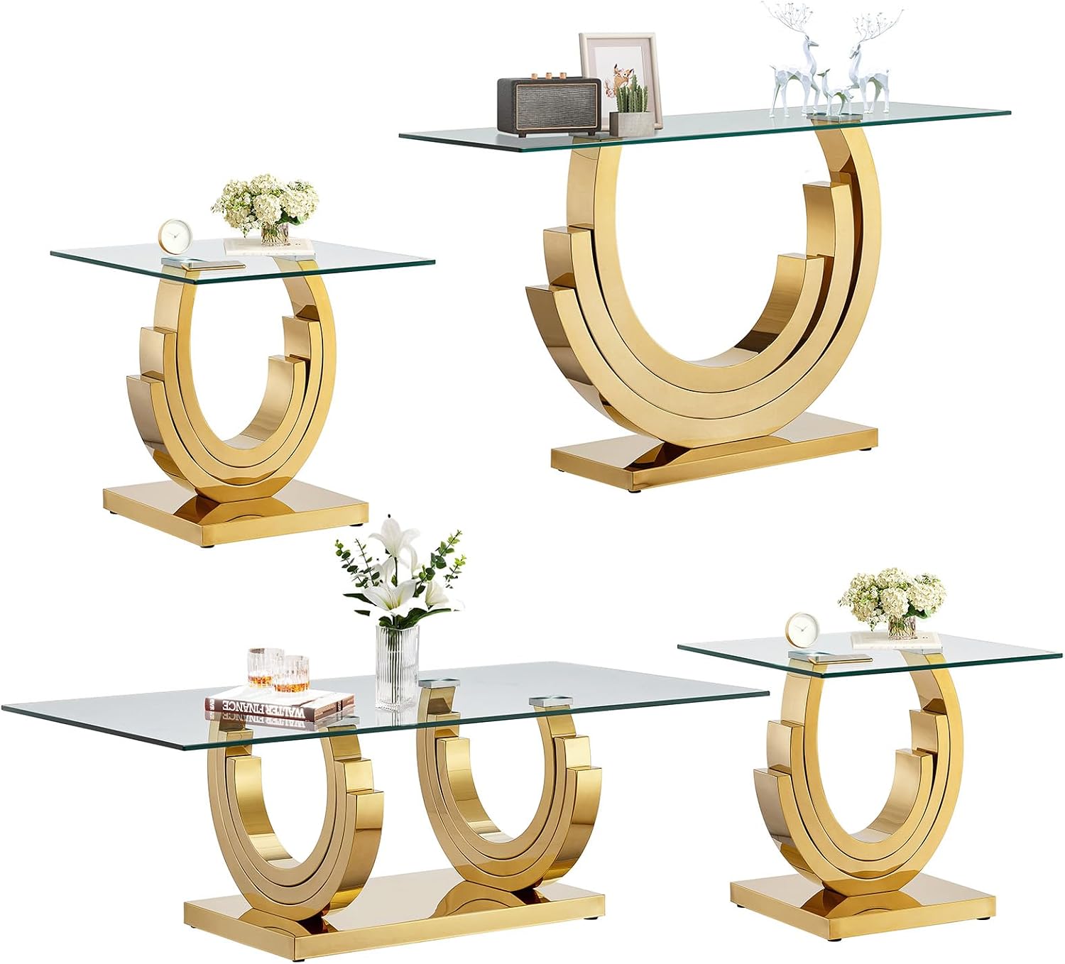 4 Pieces Living Room Table Set, Glass Coffee Table Set of 4, Modern Coffee Table, Console Table and 2 End Tables with Three U-Shaped Stainless Steel Base for Living Room (Gold)
