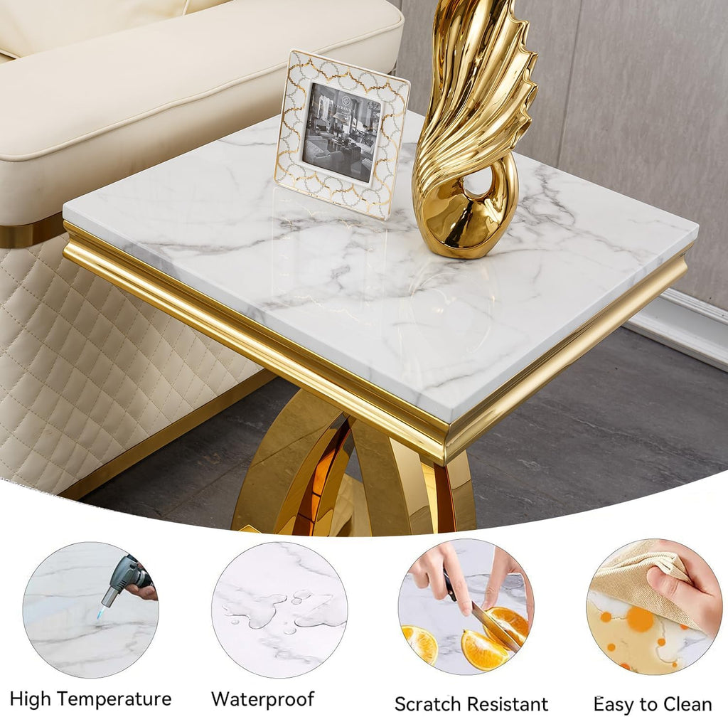 Marble Coffee Table Set of 3, 3 Piece Living Room Table Set Include 1 Coffee Table & 2 End Tables,Modern White Gold Coffee Table and End Table Sets with Double X Shape Stainless Steel Base