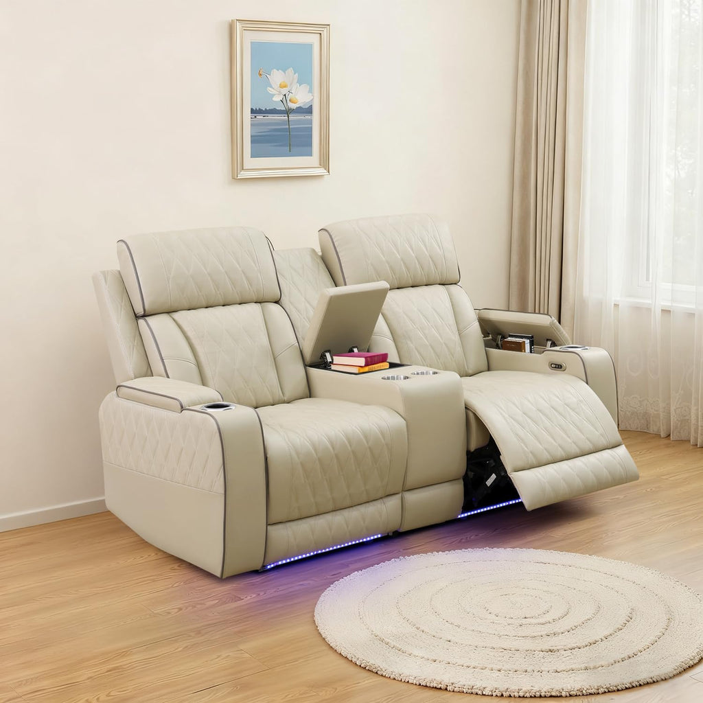 Power Recliner Sofa with LED Lights,Leather Reclining Loveseat with Double Recliner/USB Port/Storage Console/Cup Holder for House/Home Theater(2 Seater Loveseat,Paddy)